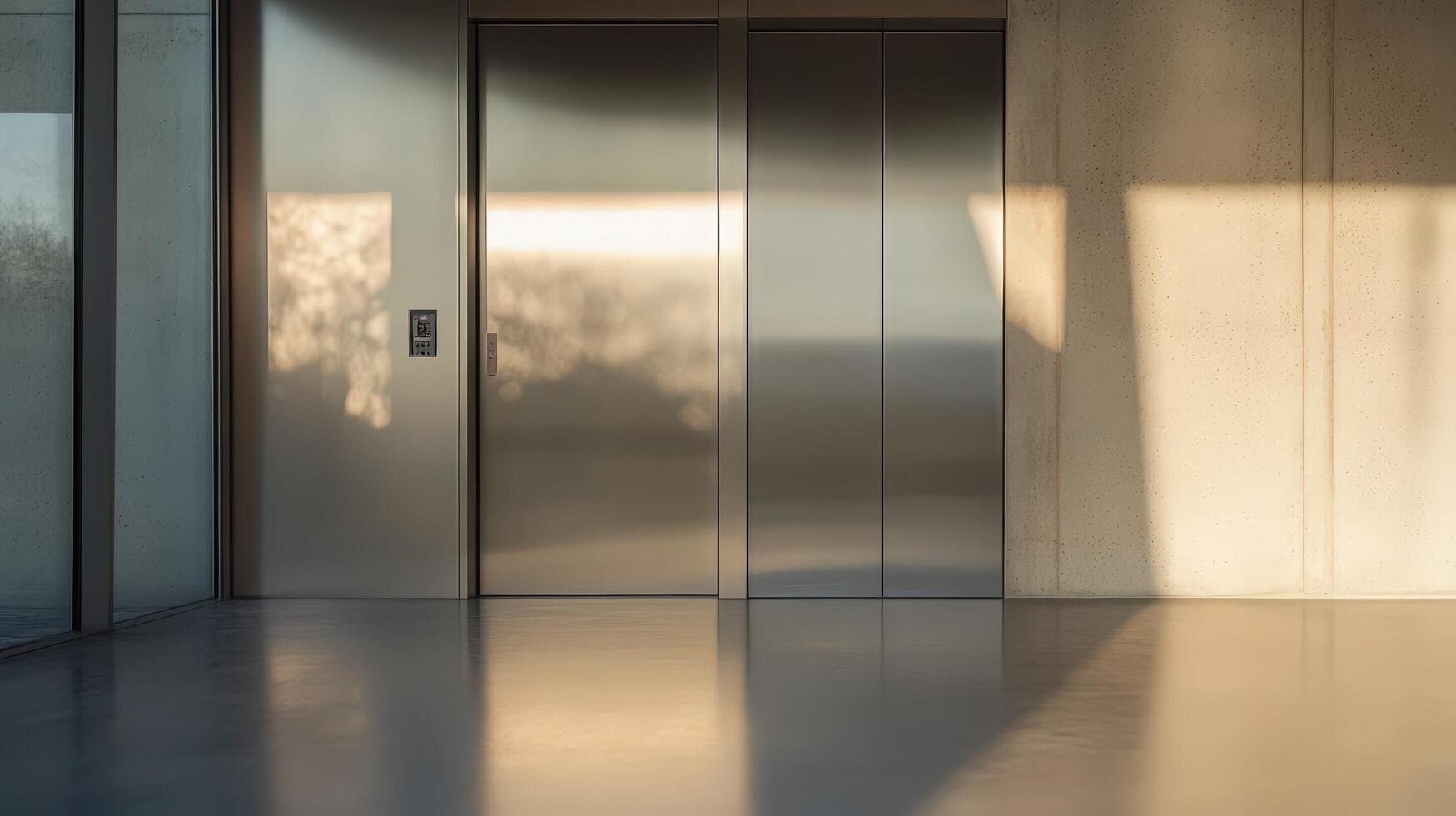 An elevator in a modern building with a large window photo