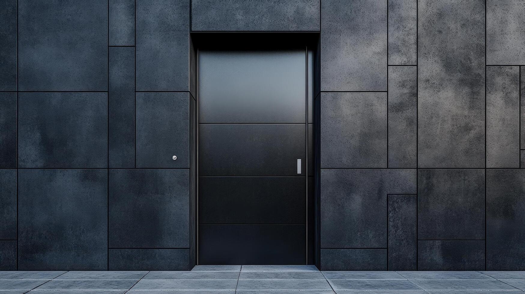 A black door is open in front of a wall photo