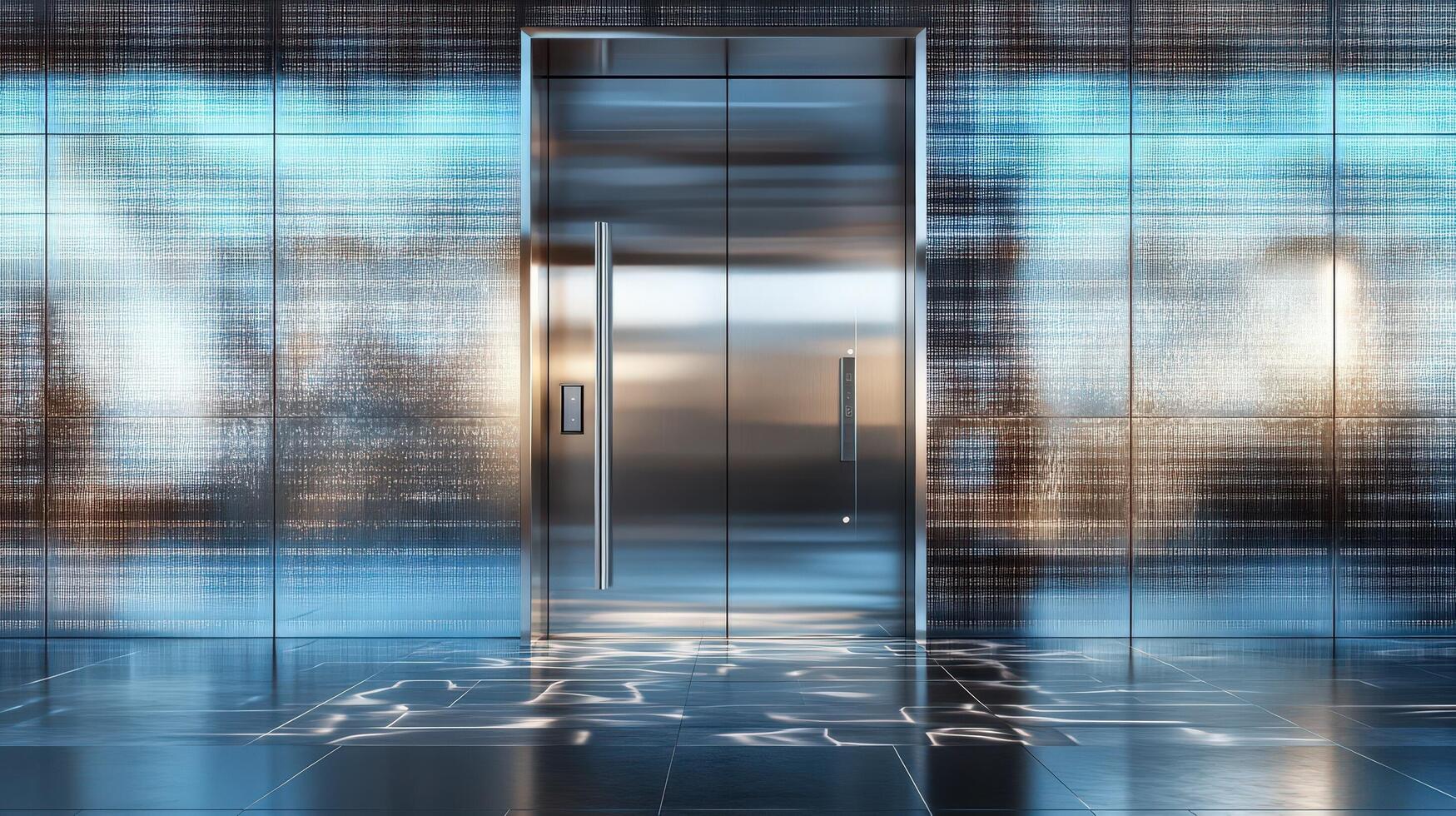 An elevator in a modern building with a blue wall photo