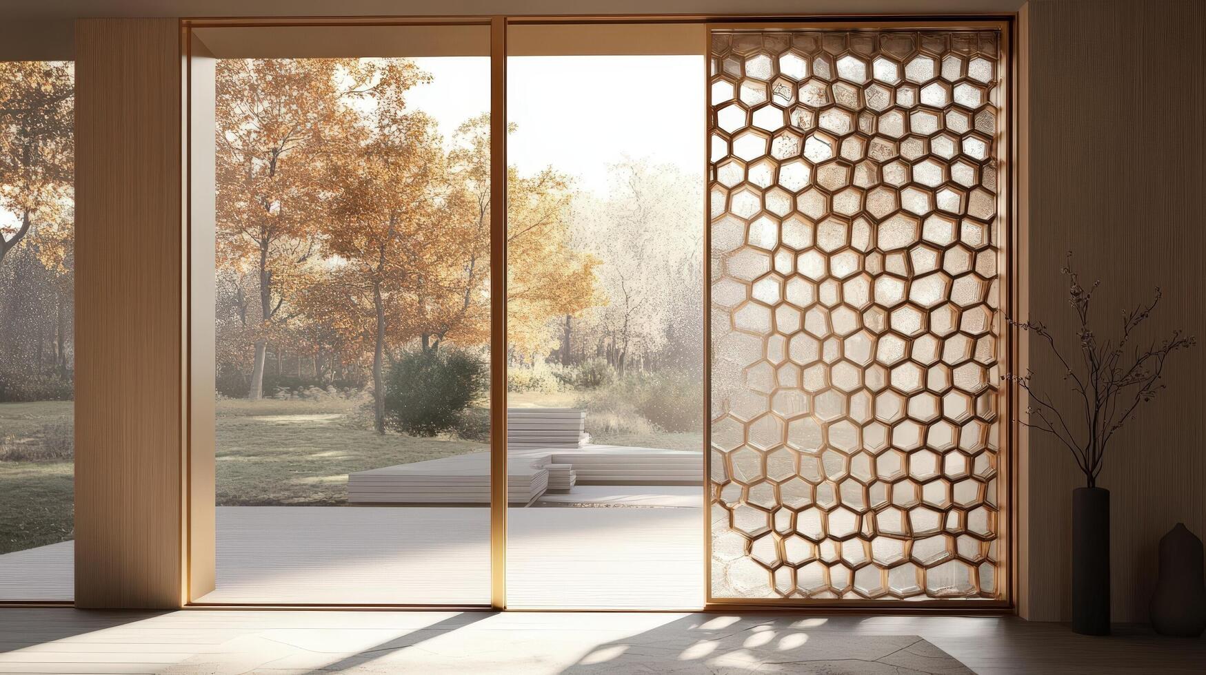 A large sliding glass door with a patterned design photo
