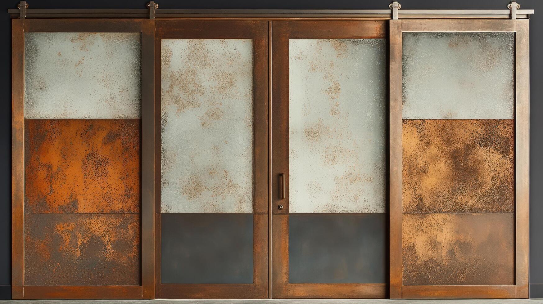 A large wooden sliding door with glass panels photo