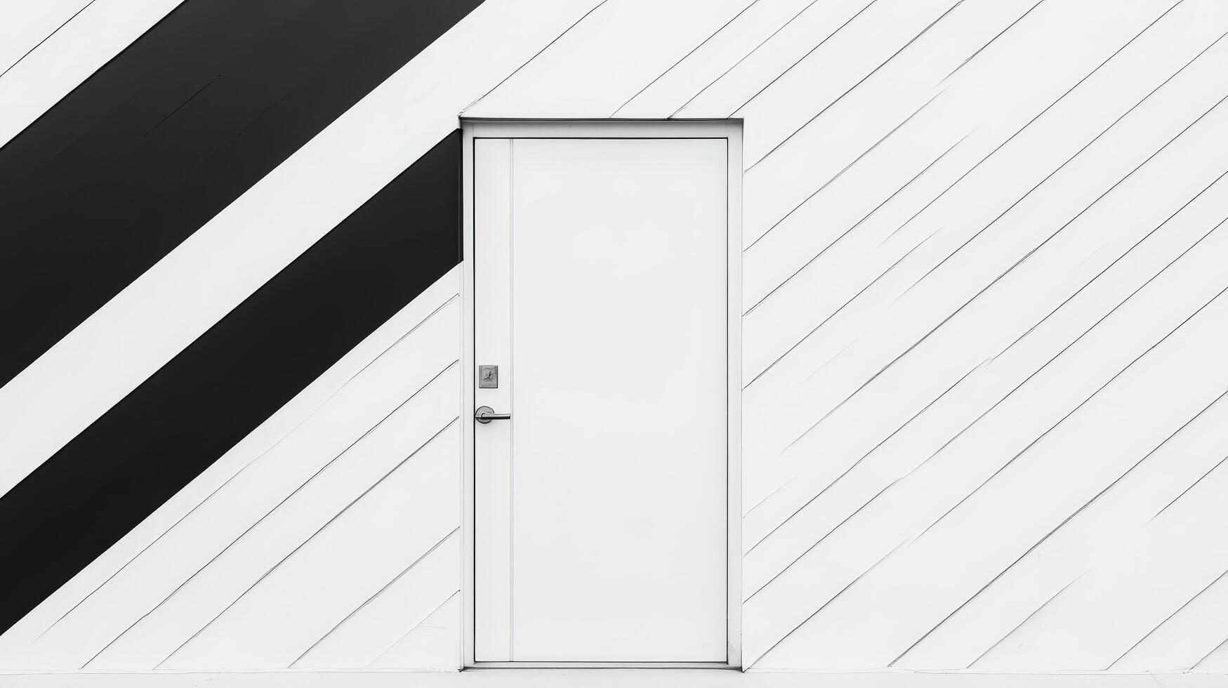 A white door is in front of a black and white striped wall photo