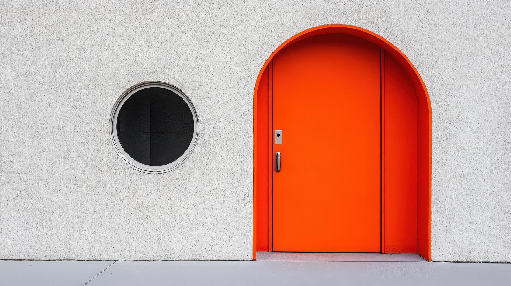 A red door with a round window on the side photo