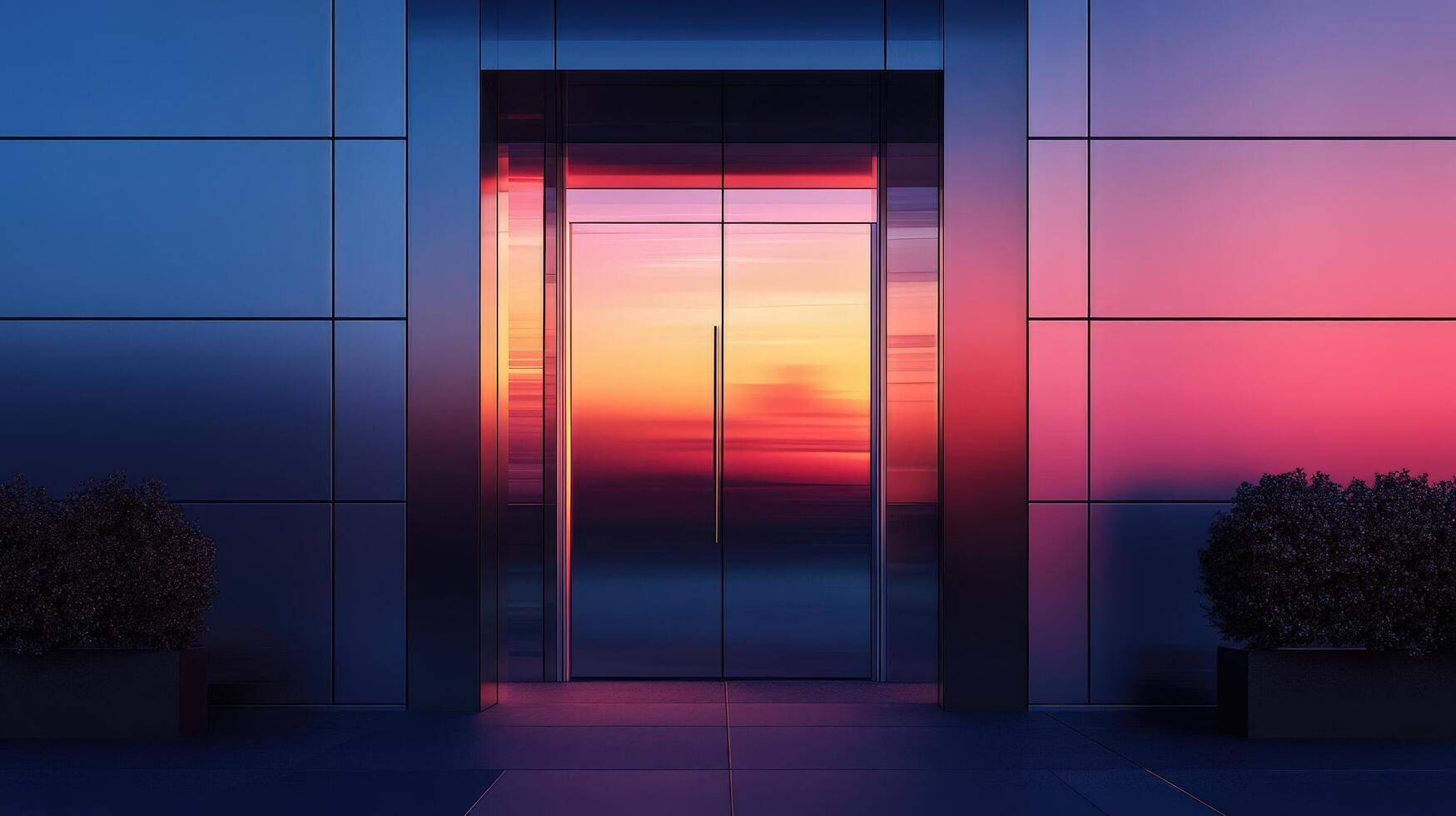 An open door to a building with a sunset in the background photo