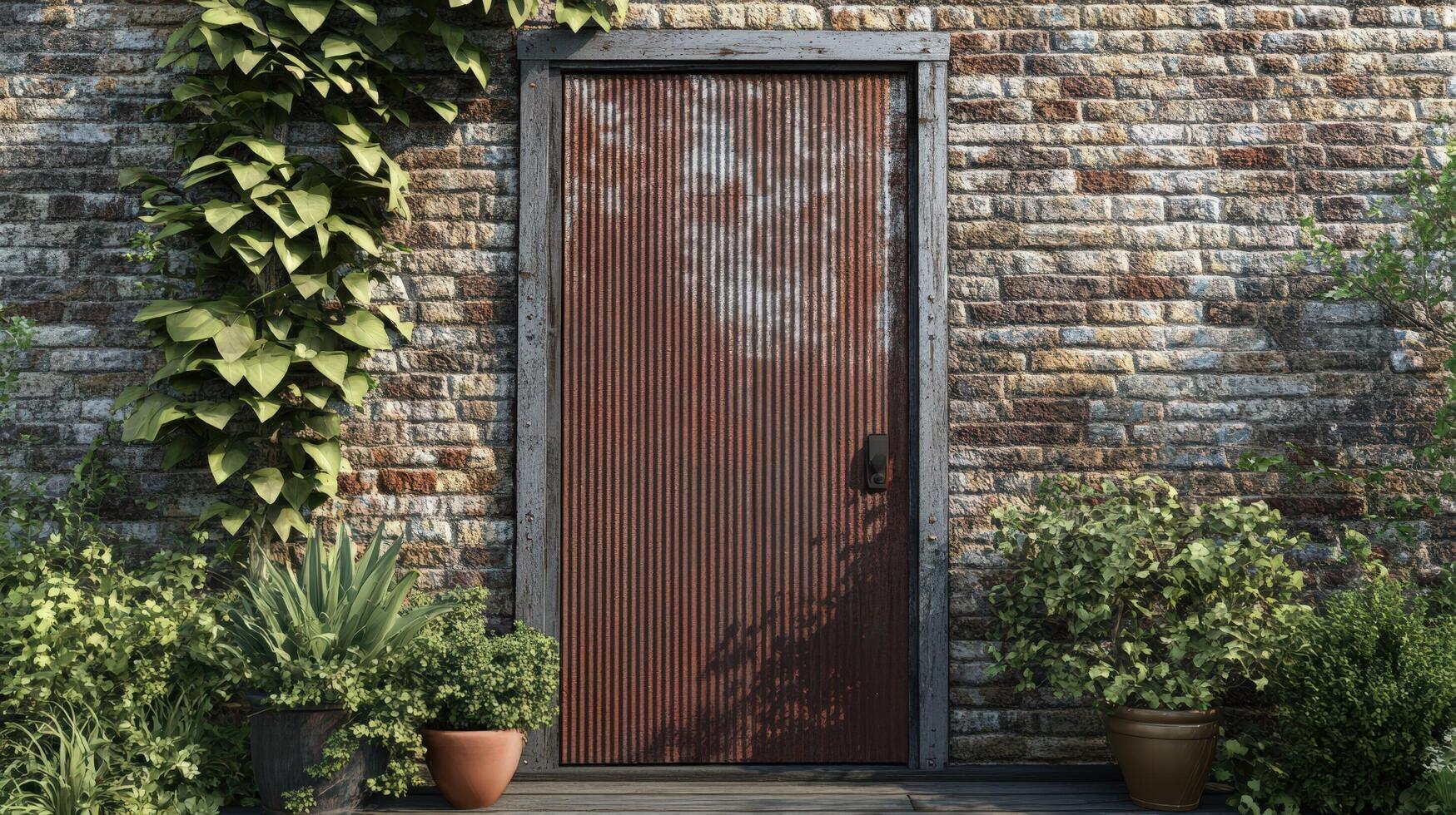 A door is open on a brick wall with plants photo