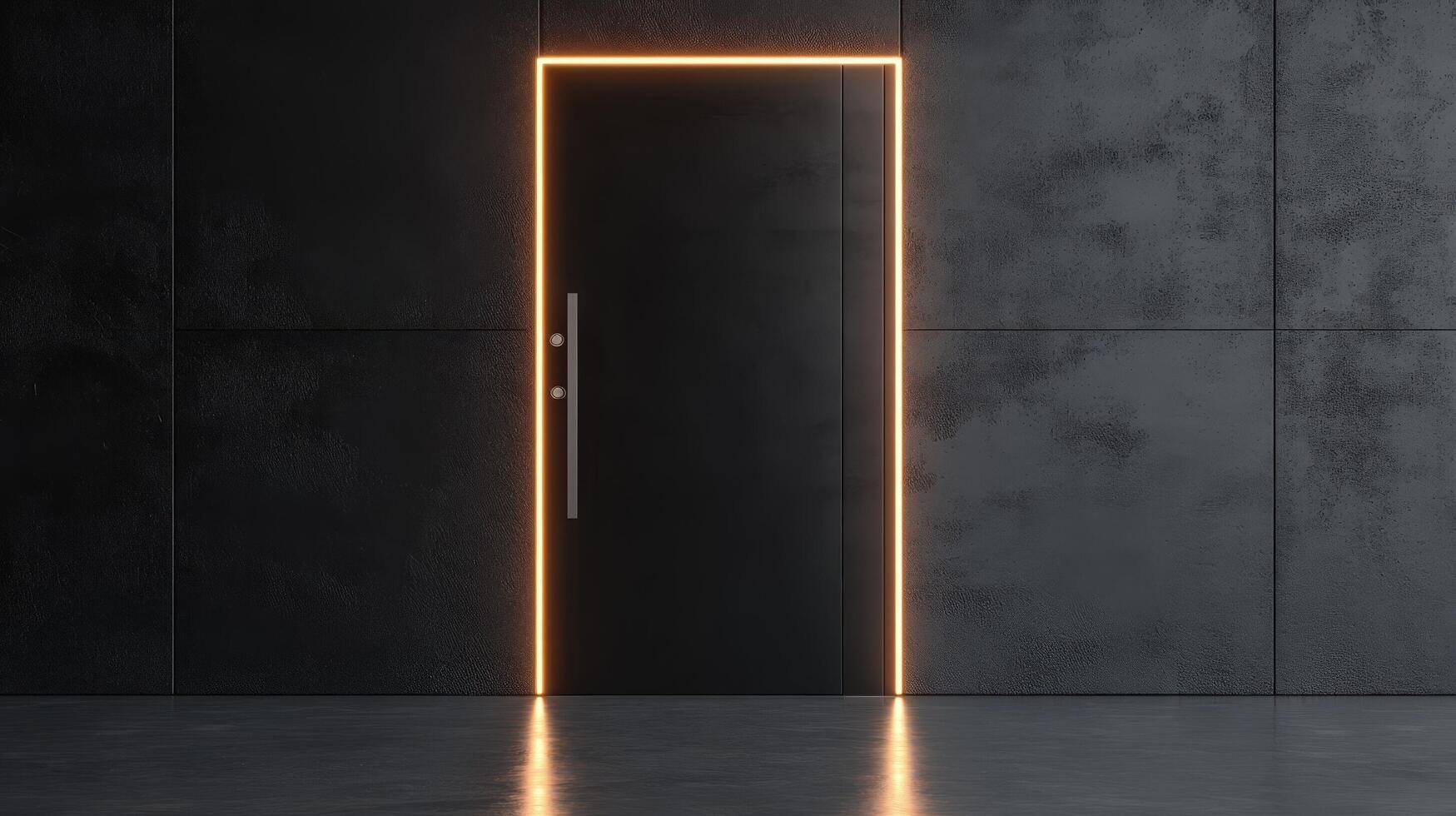 A black door with a neon light on it photo