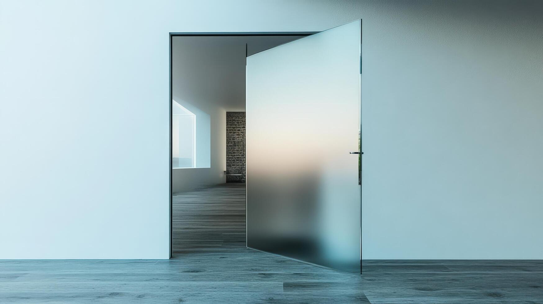 An open door in a room with a white wall photo