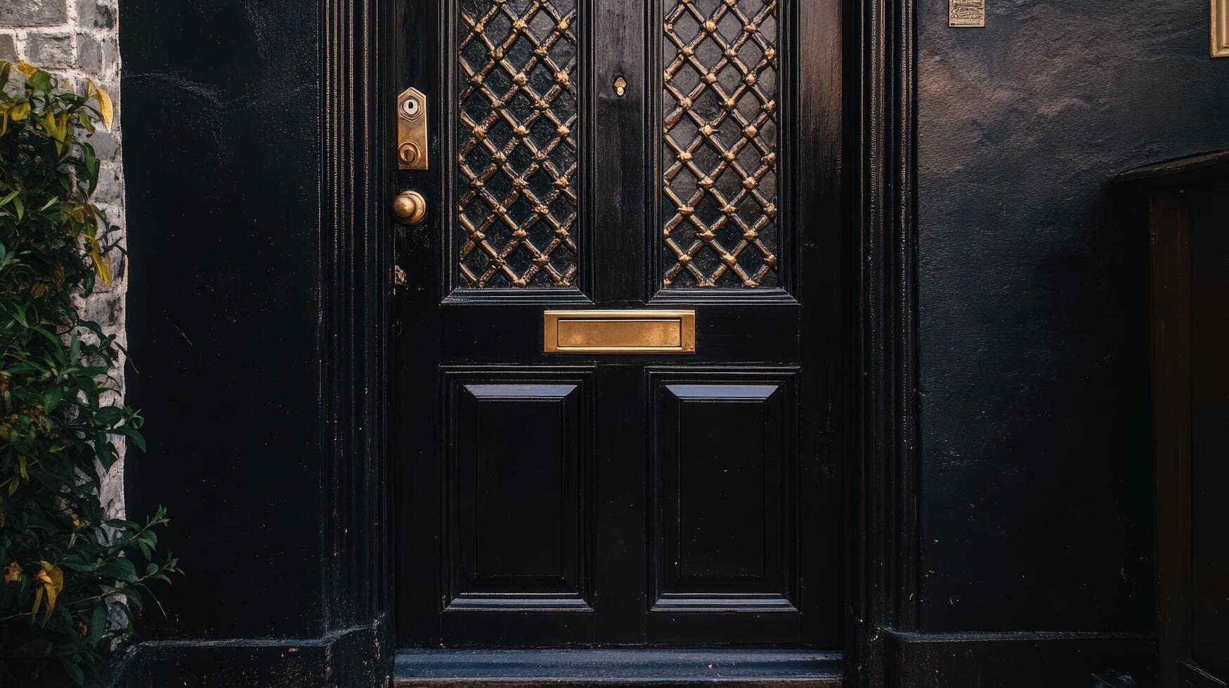 A black door with a gold plate on it photo
