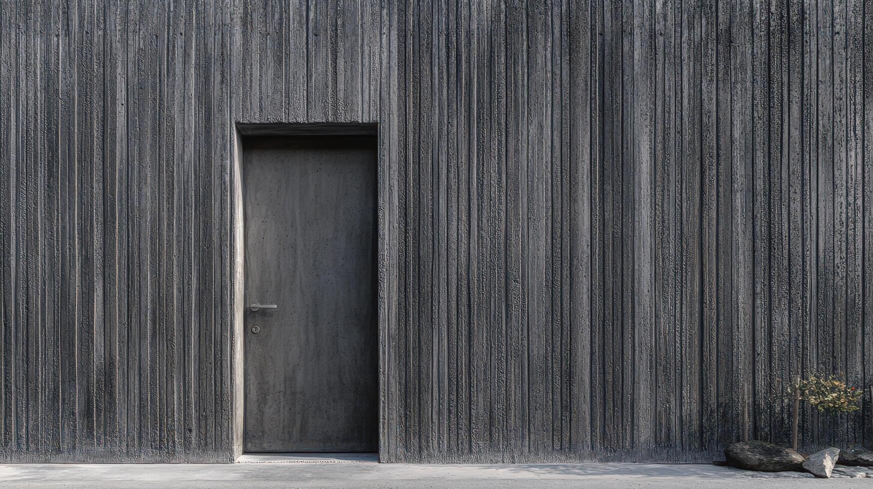 A wooden door is open in front of a concrete wall photo