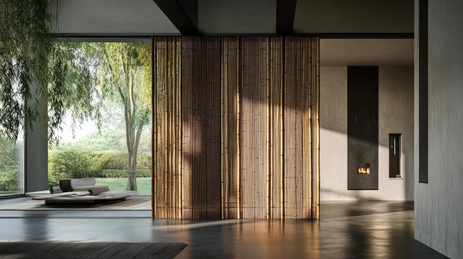 A modern room with a wooden door and a fireplace photo