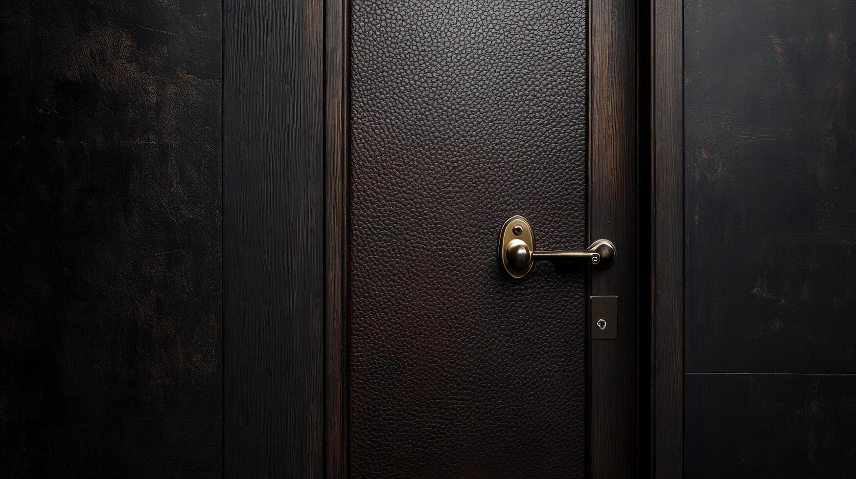 A dark wooden door with a brass handle photo