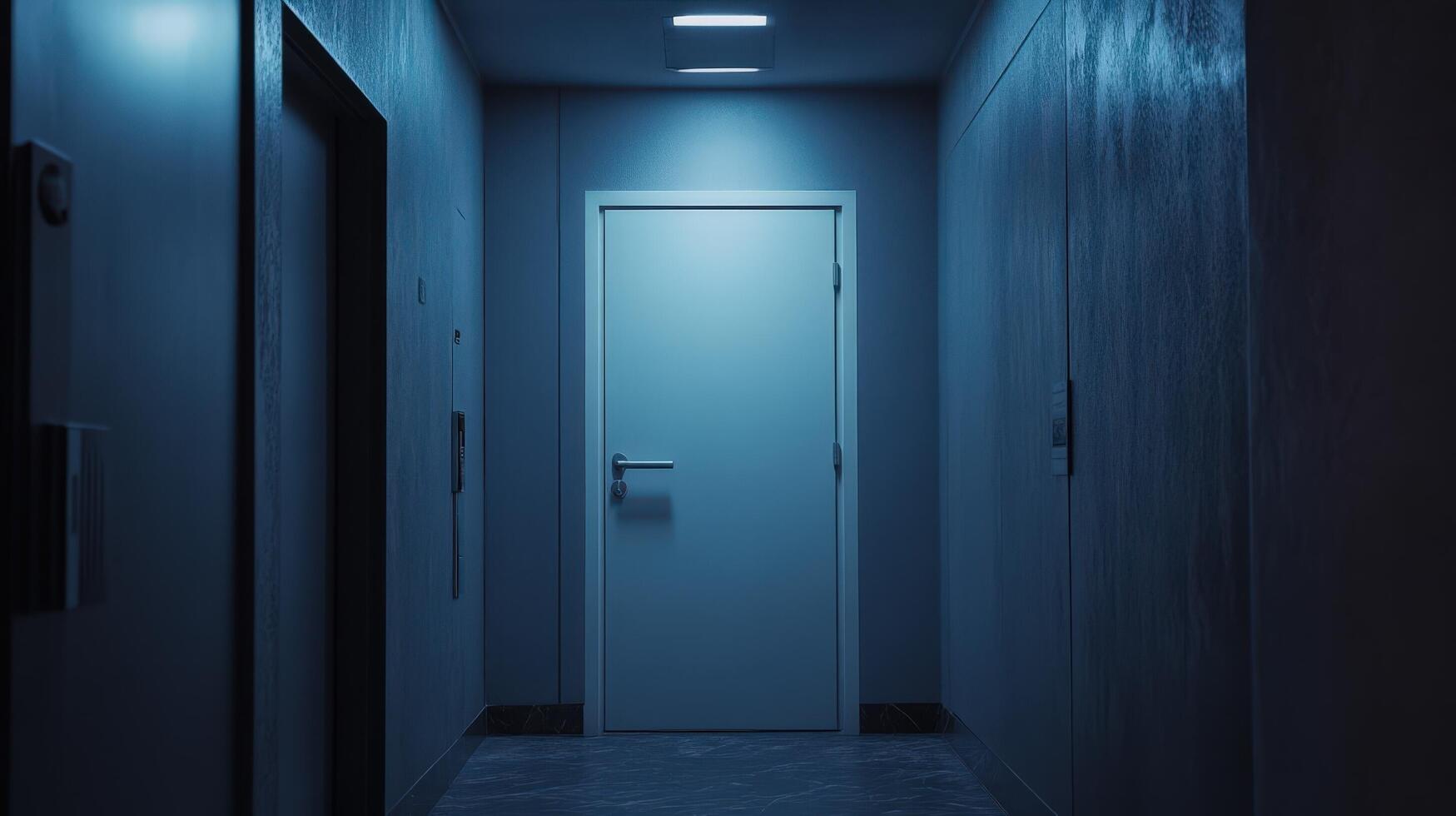 A dark hallway with a door and light coming from the wall photo