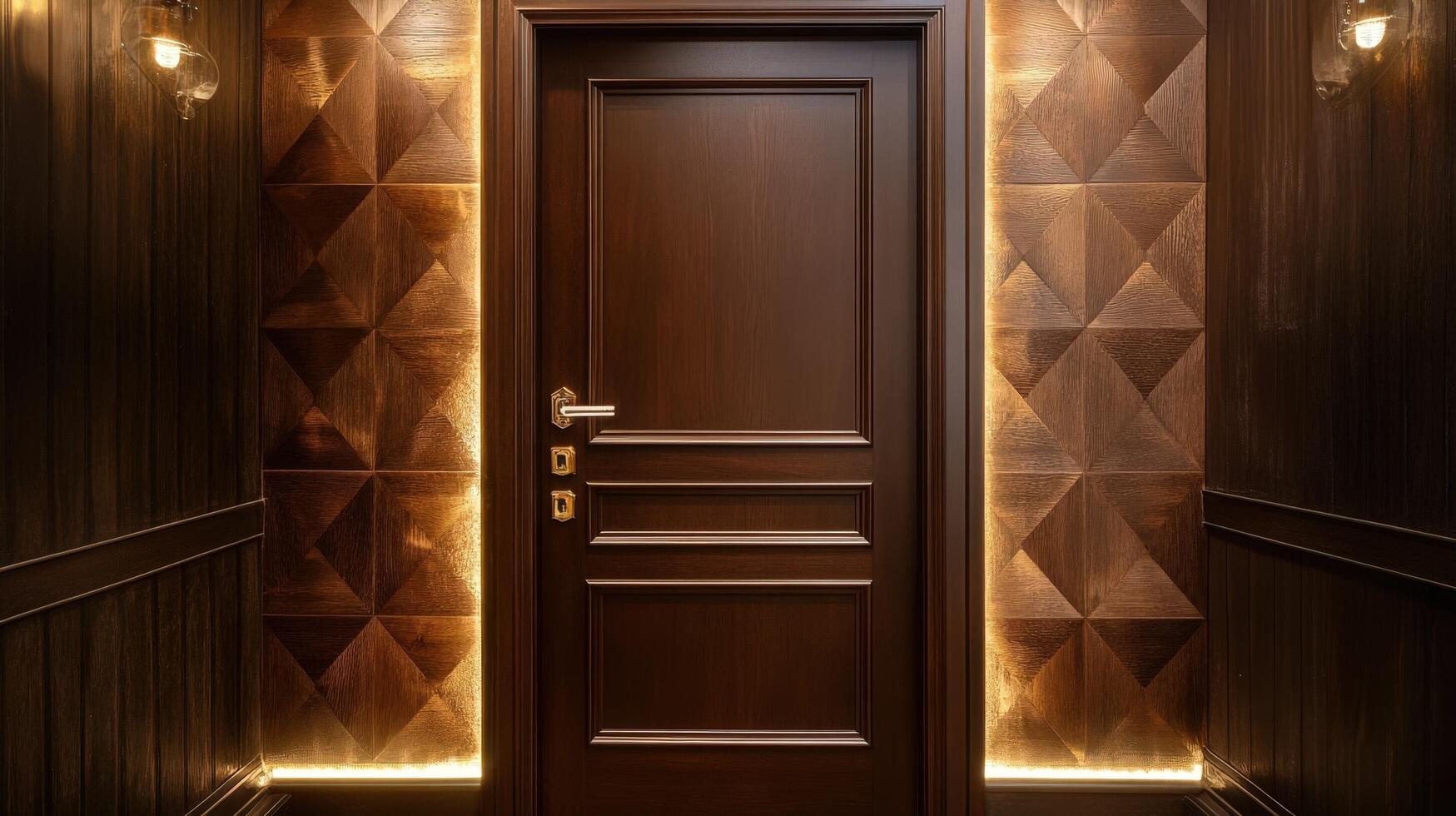 A dark hallway with a wooden door and a light photo