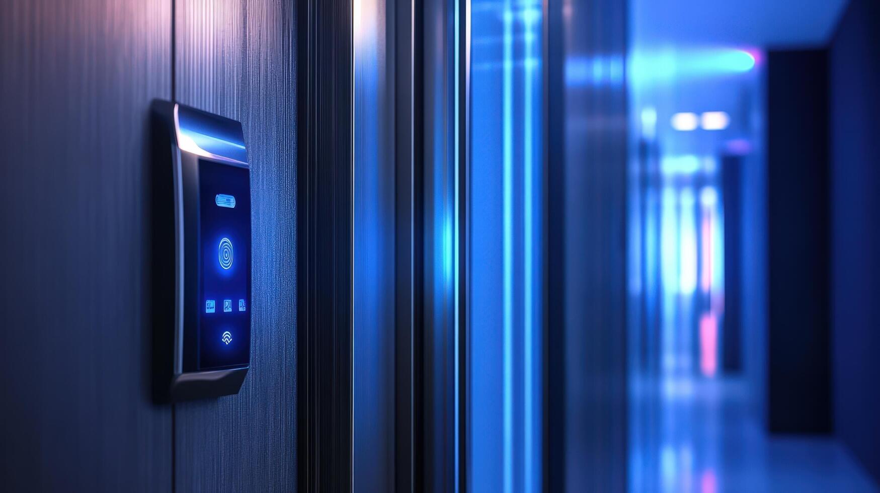 A close up of a door with a blue light photo