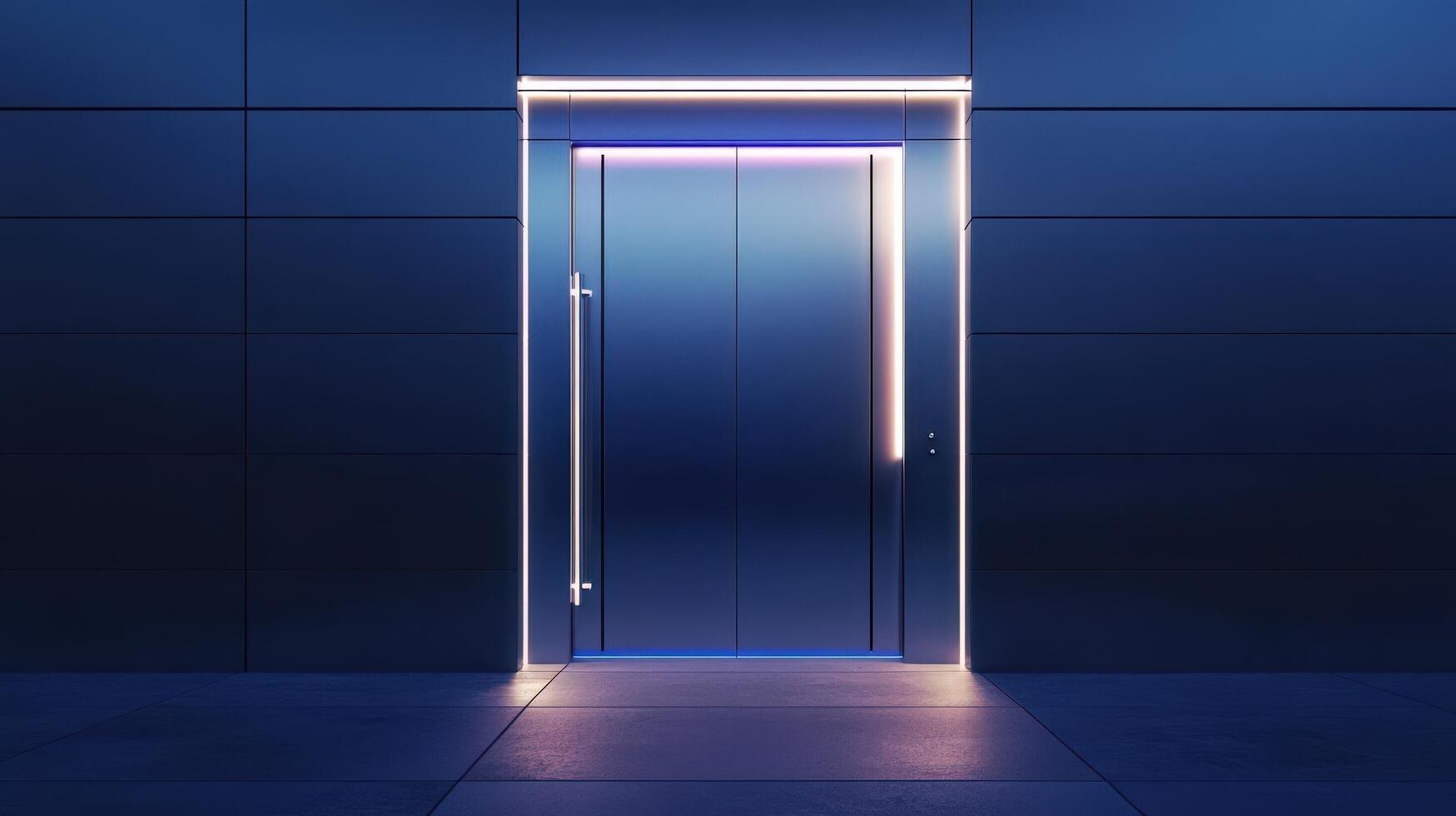 An open door in a dark room with neon lights photo
