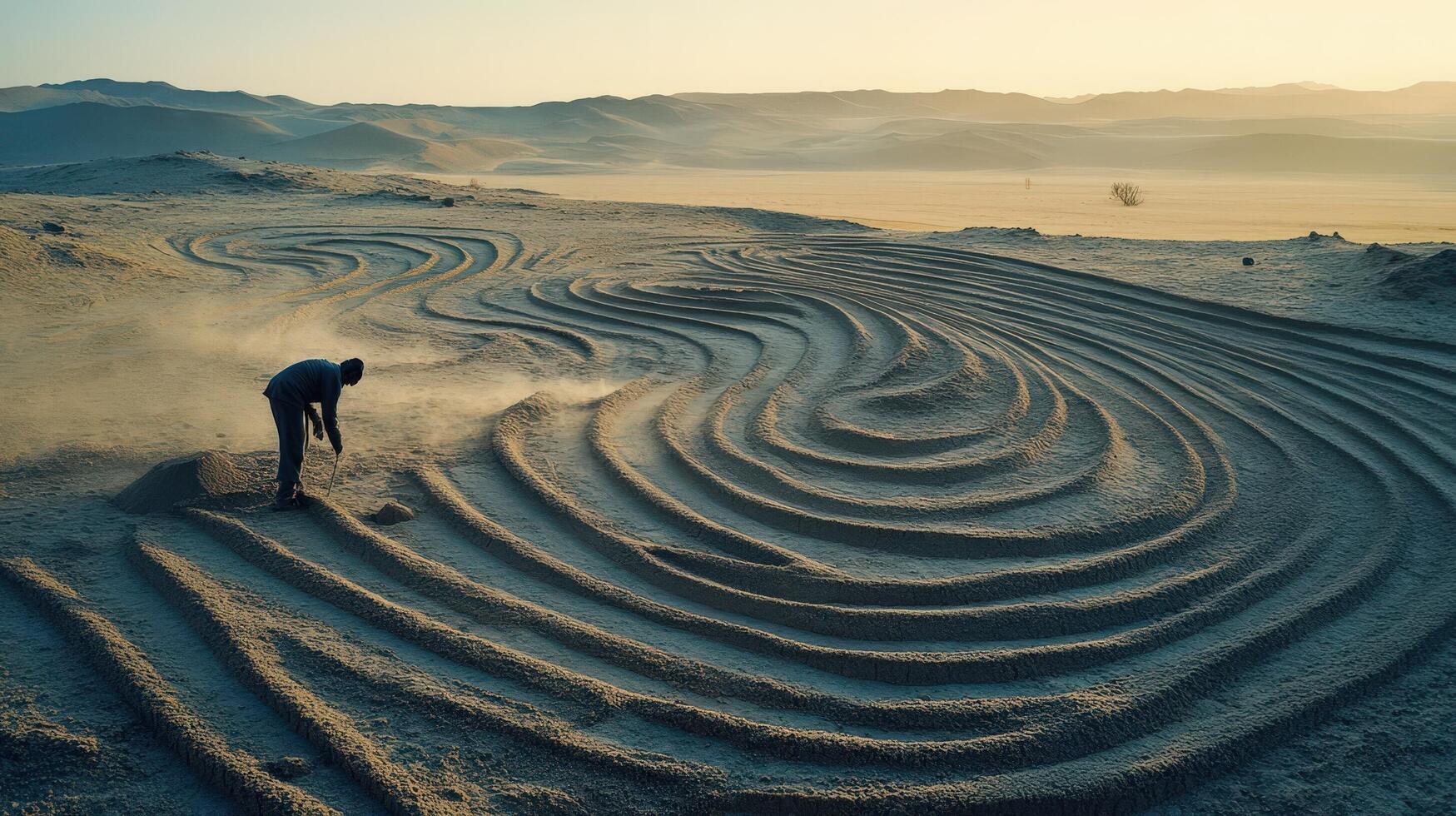 A man is working on a sand sculpture in the desert photo