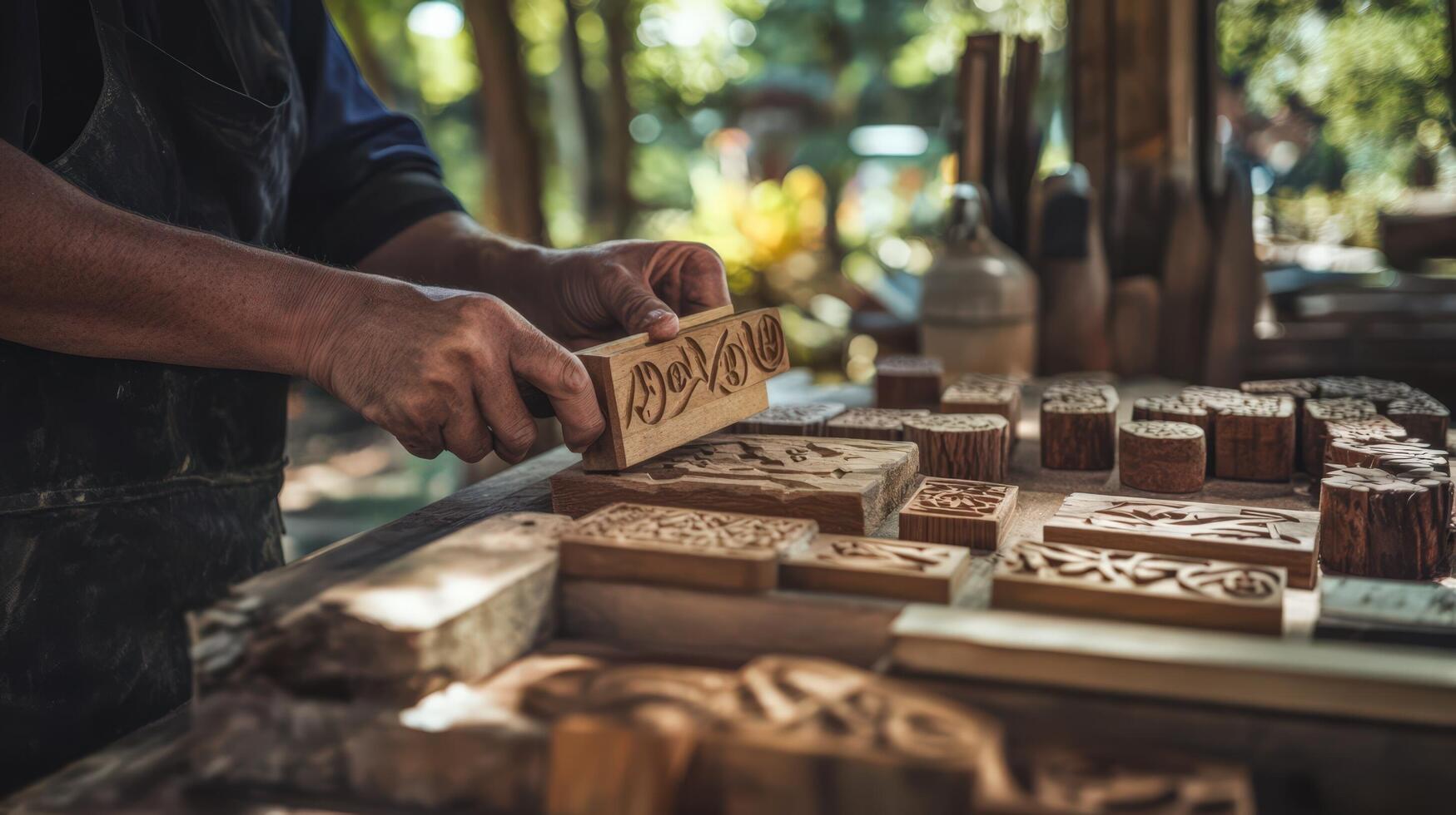 A man is working on wood blocks with a hammer photo