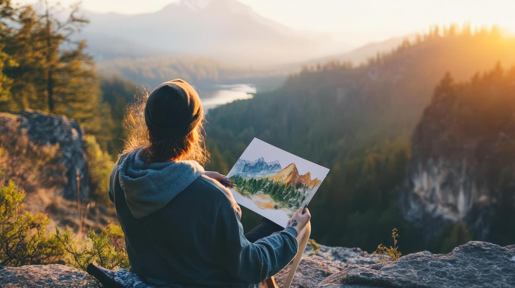 A person sitting on a rock with a painting of a mountain and forest photo