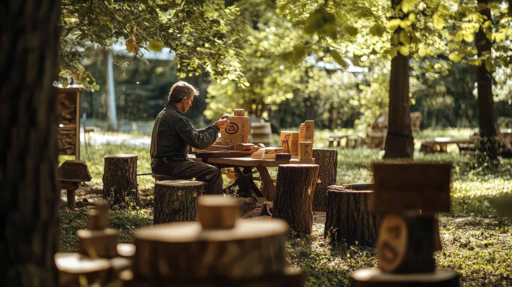 A man is working on a wooden sculpture in the woods photo