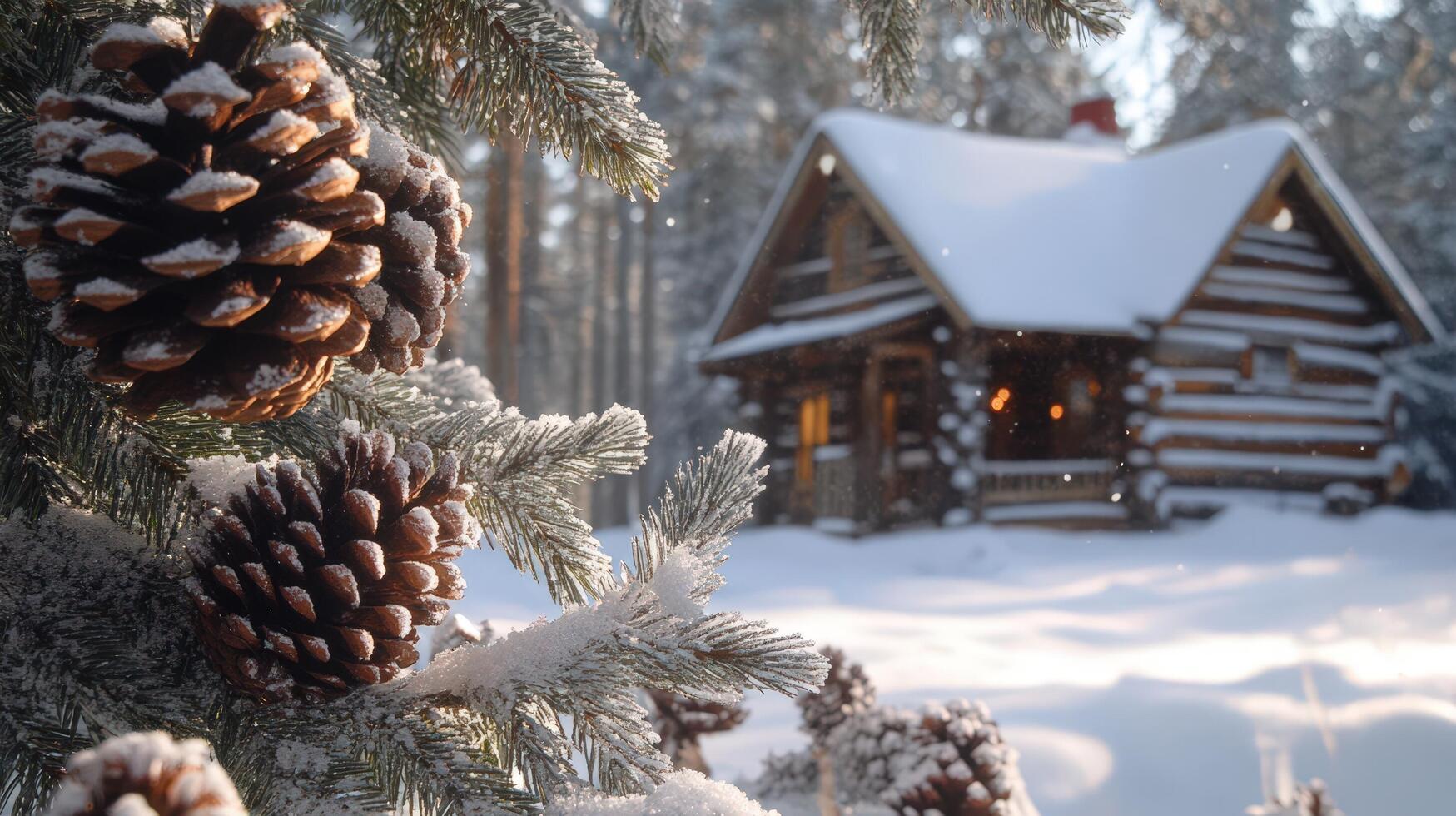 A cabin in the snow with pine cones and snow photo