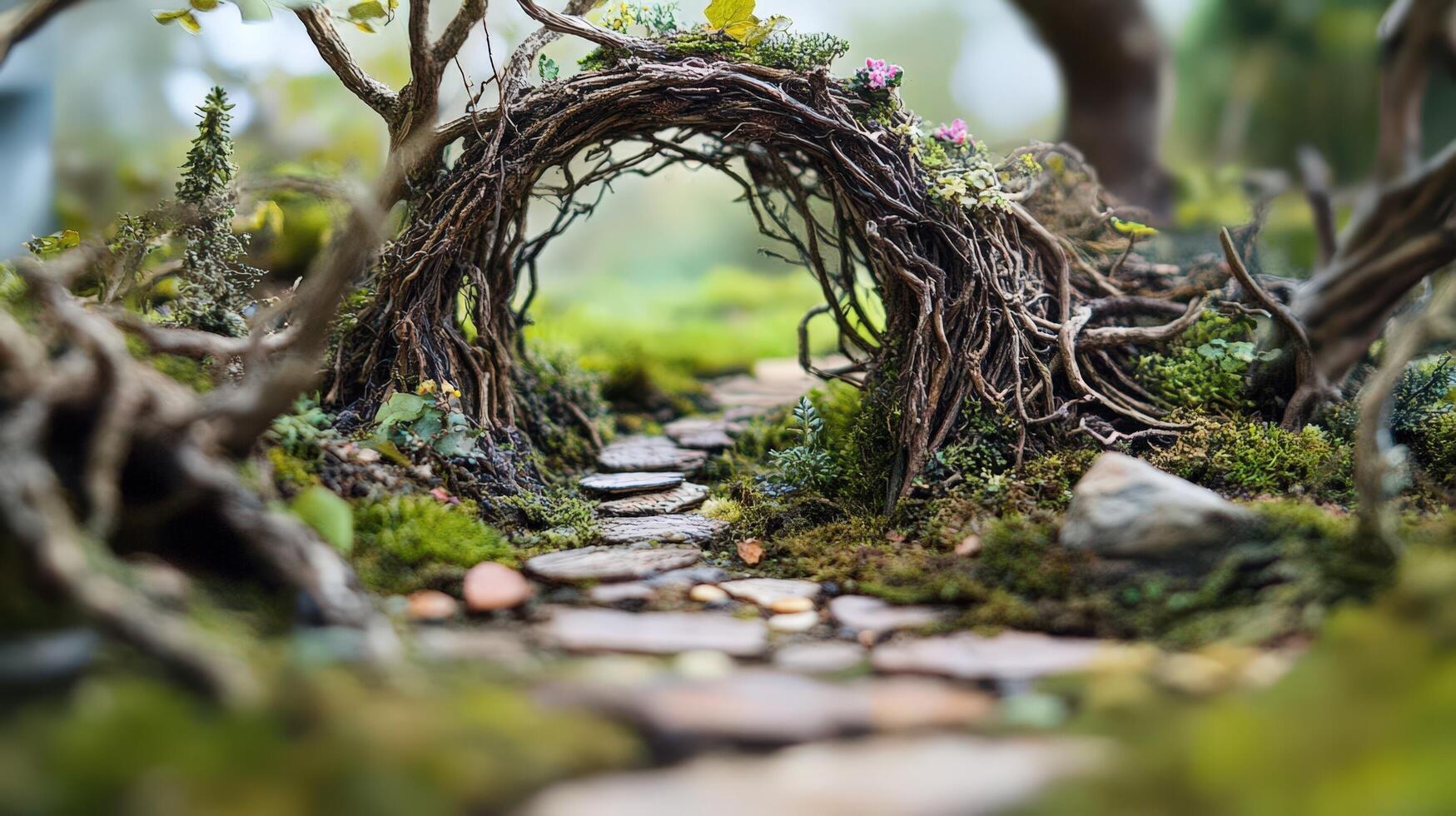 A miniature fairy garden with a path and tree branches photo