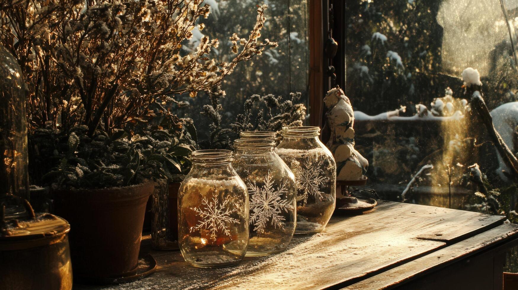 A window with a view of snowflakes in jars photo