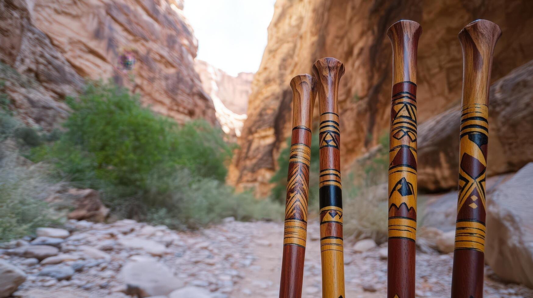 A group of four wooden poles with designs on them photo