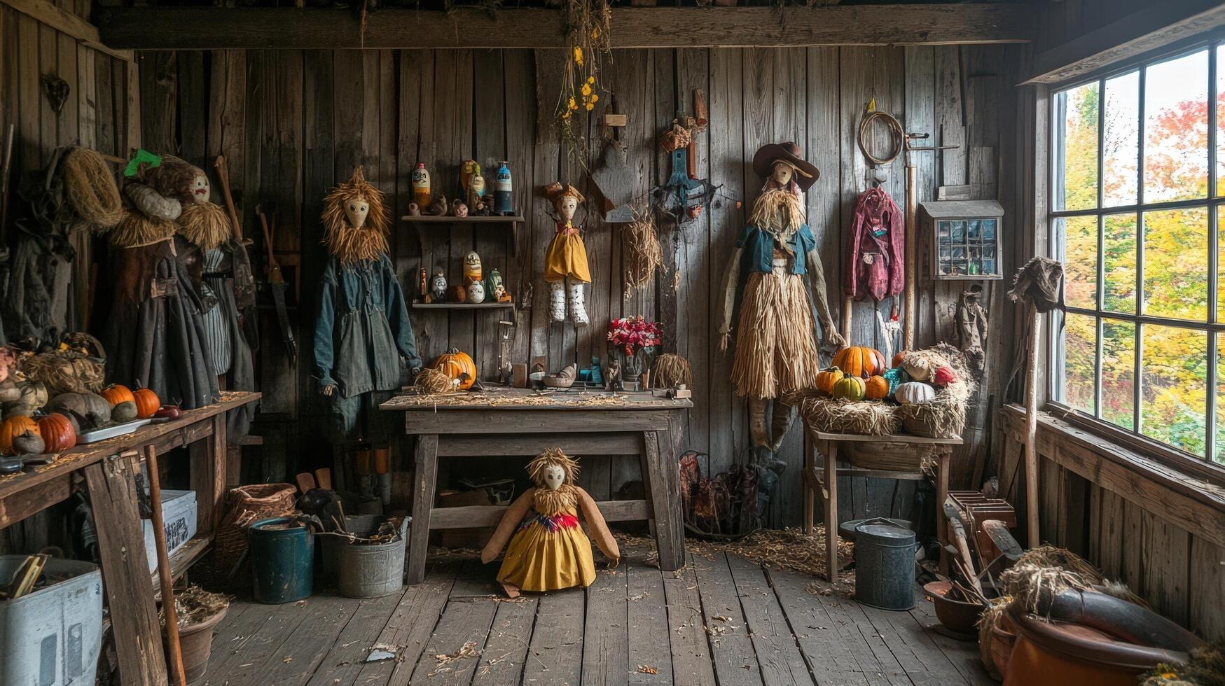 A room with a table and a bunch of scarecrows photo
