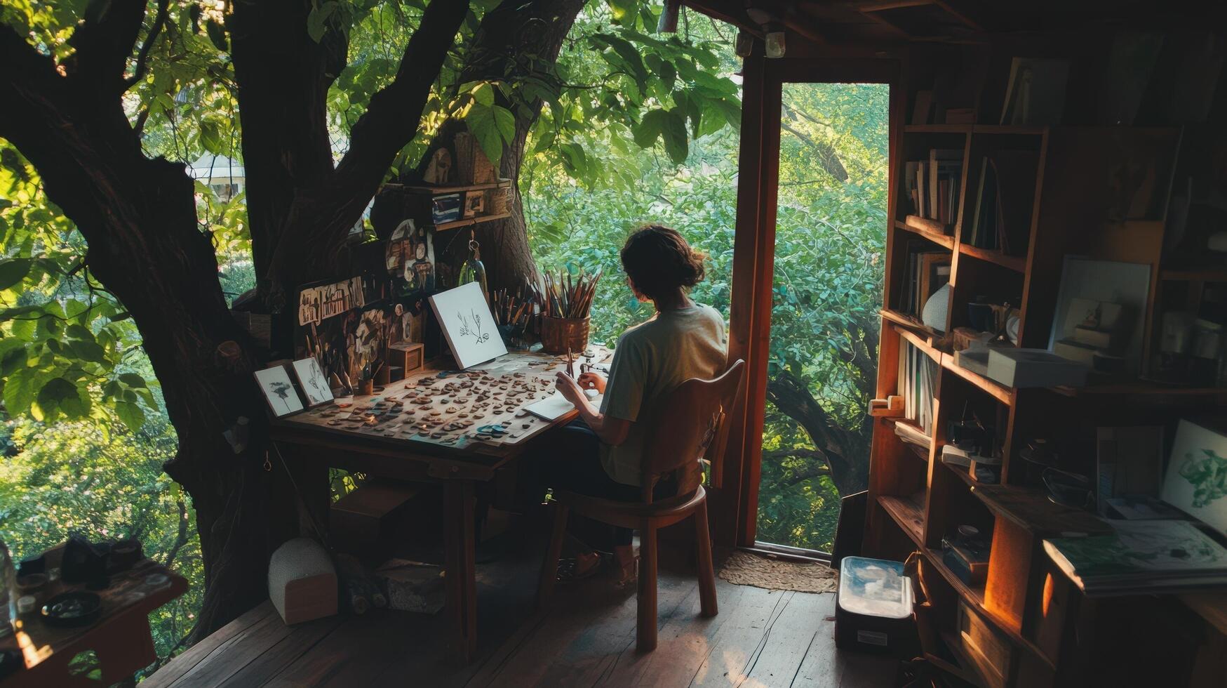 A person sitting at a desk in a tree house photo