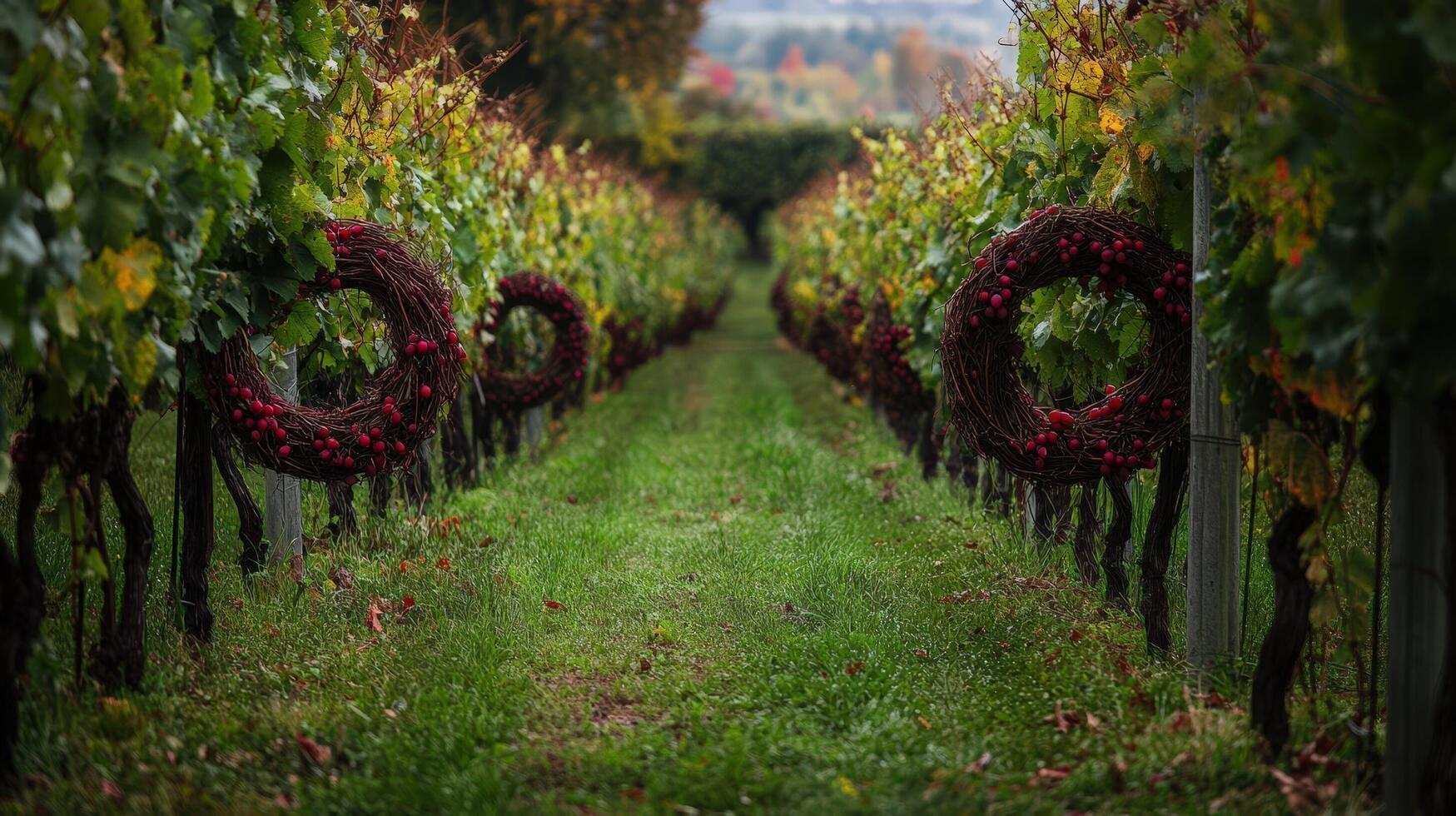 A row of red berries on the ground in a vineyard photo