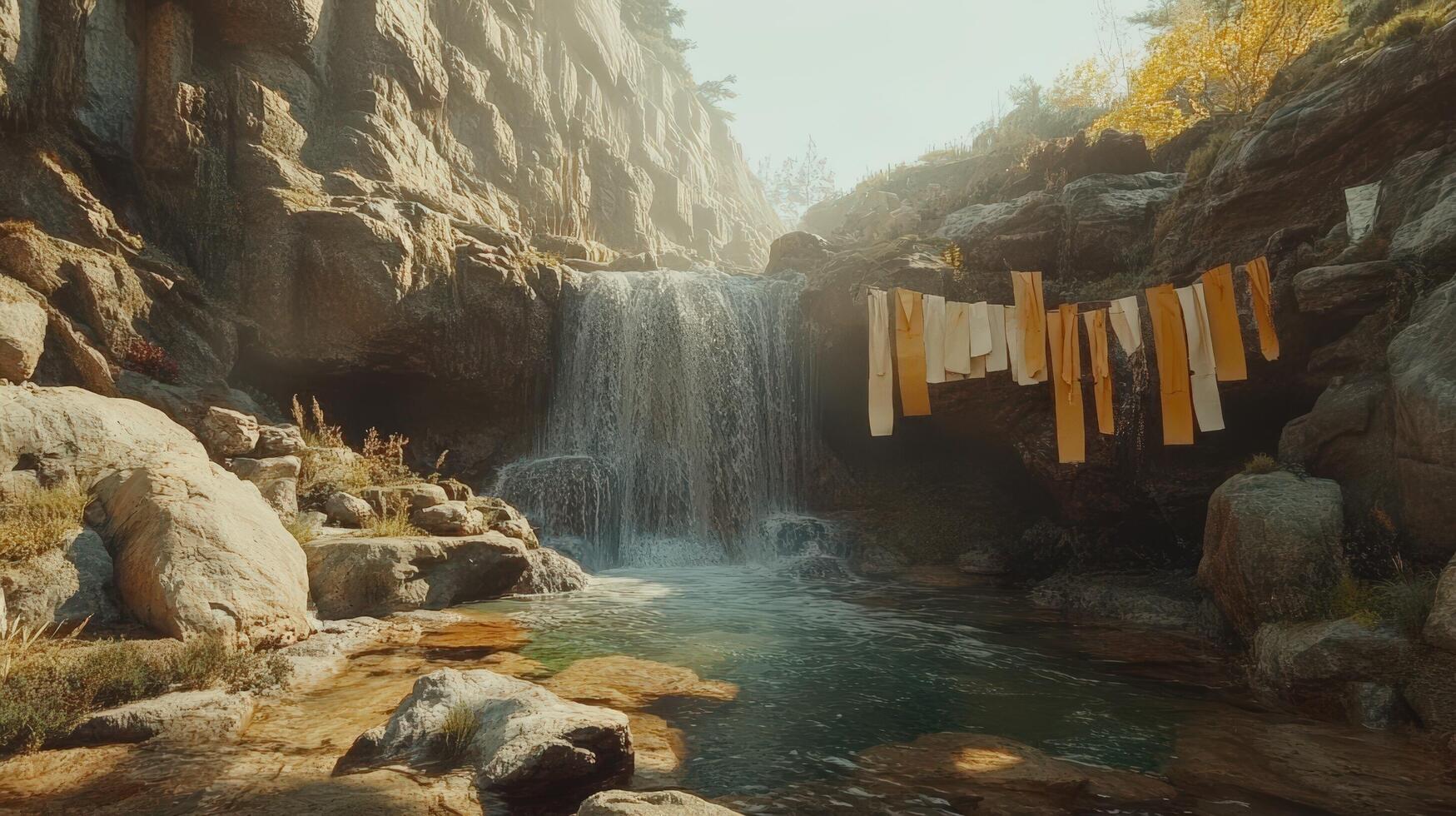 The waterfall is surrounded by rocks and trees photo