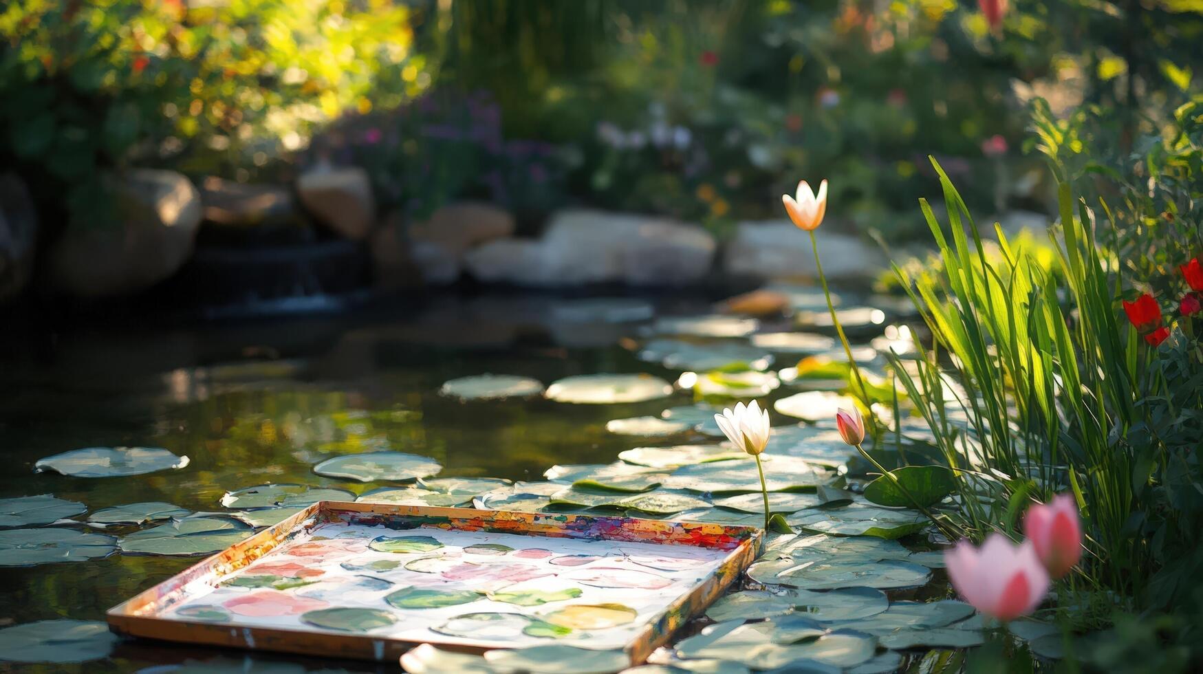A painting on a tray in a pond with flowers photo