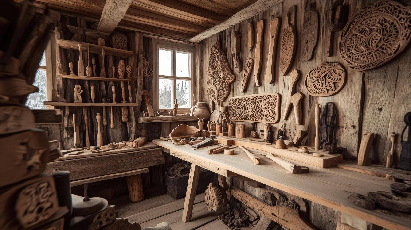 A wooden workbench with many different types of woodworking tools photo