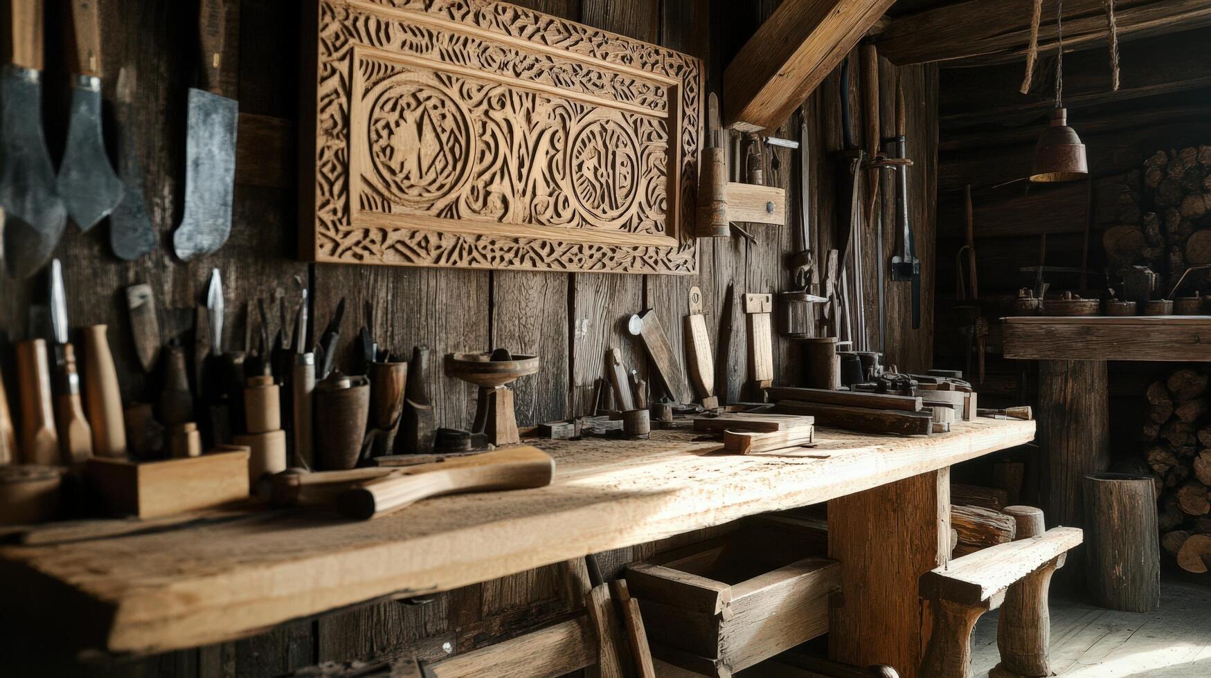 A wooden workbench with many tools on it photo
