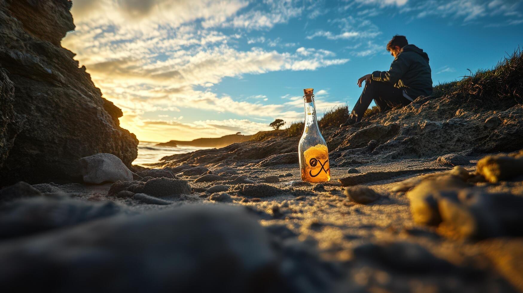 A man sitting on the beach with a bottle of wine photo