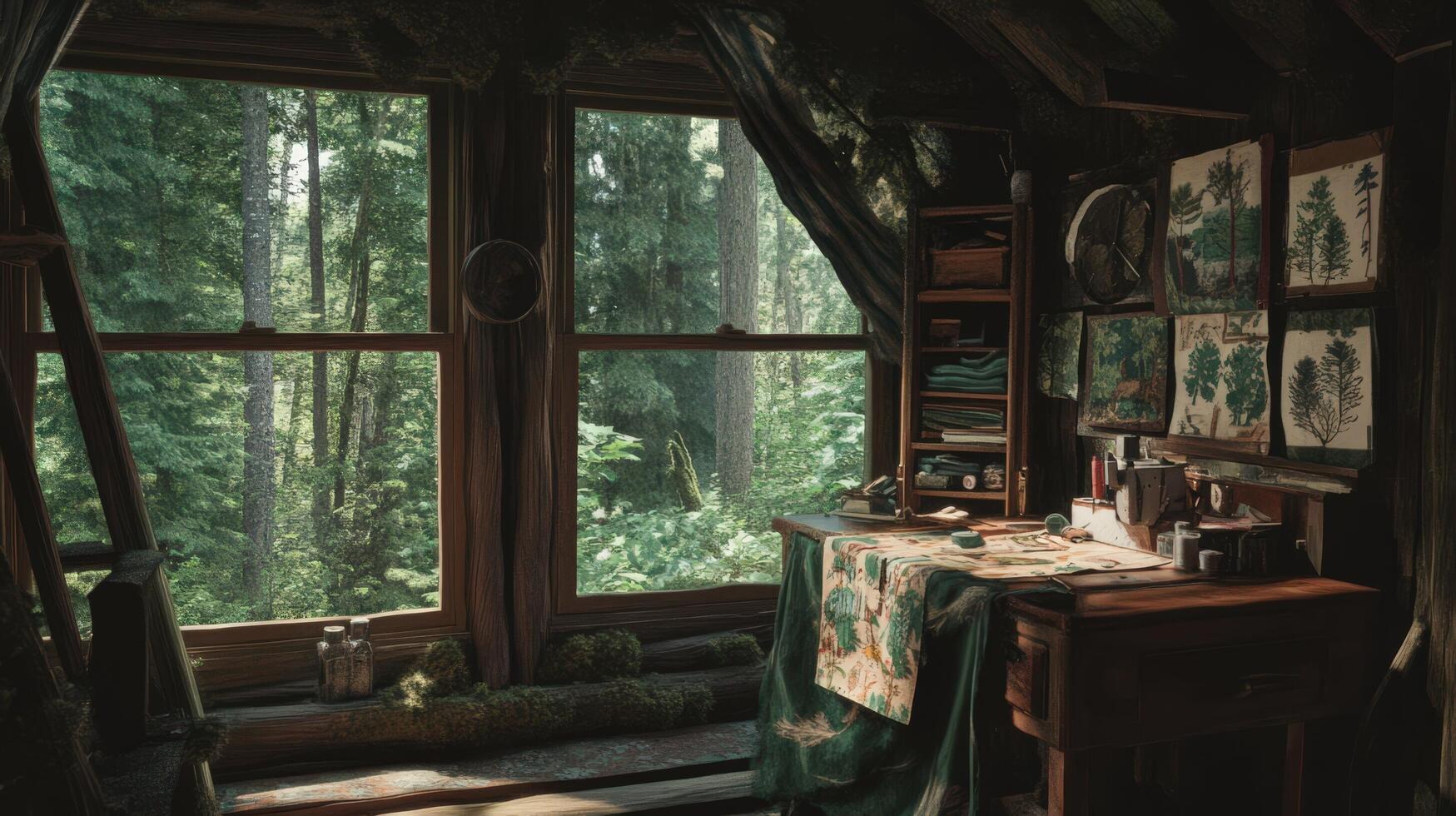 A room with a desk and a window with trees outside photo