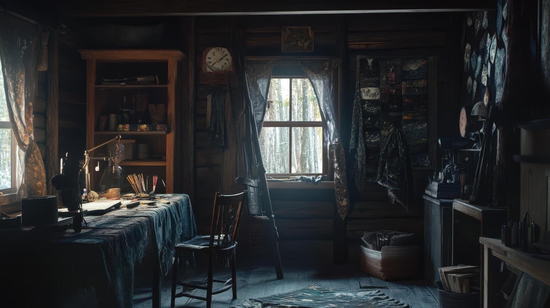 A dark room with a desk and a clock photo