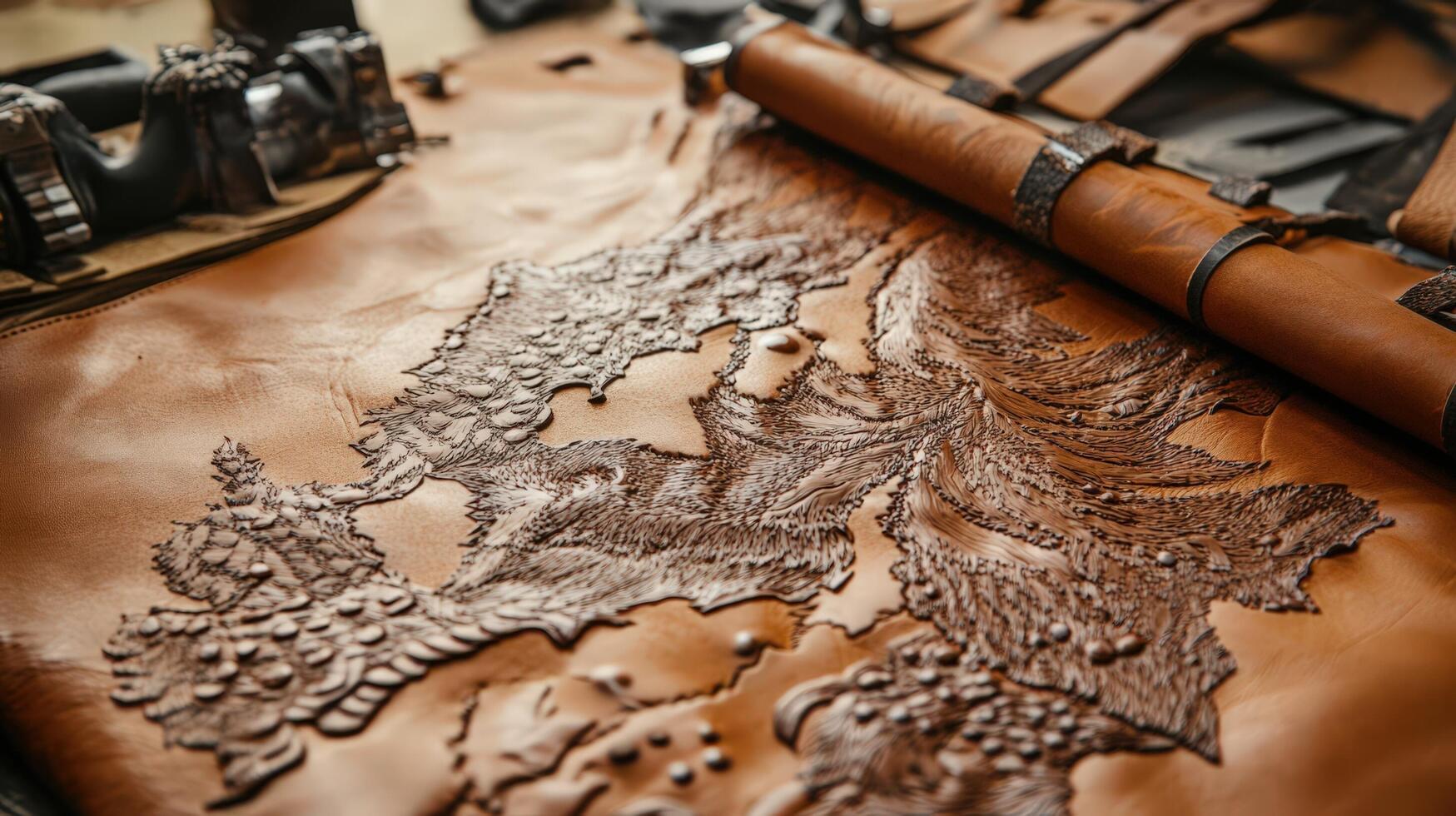 A leather bag with a map on it photo