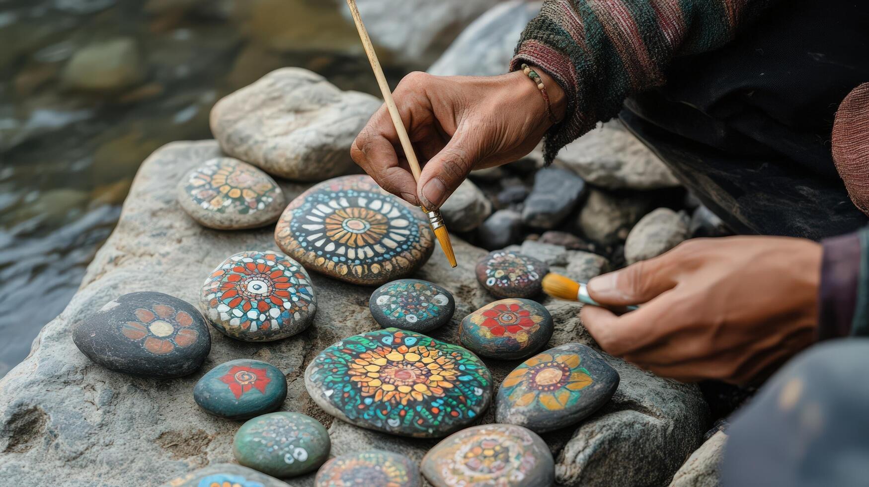 A person painting rocks with colorful designs photo