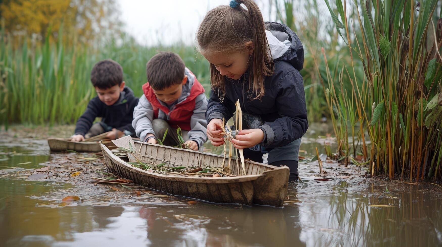 Three children playing in a boat in a marsh photo