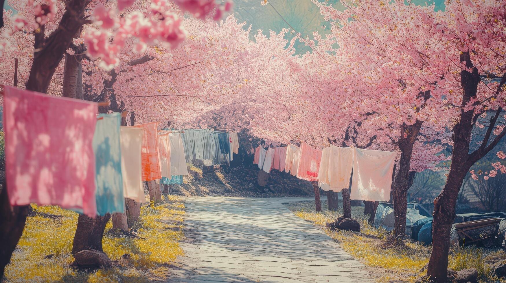 A path lined with pink trees and clothes hanging on the line photo