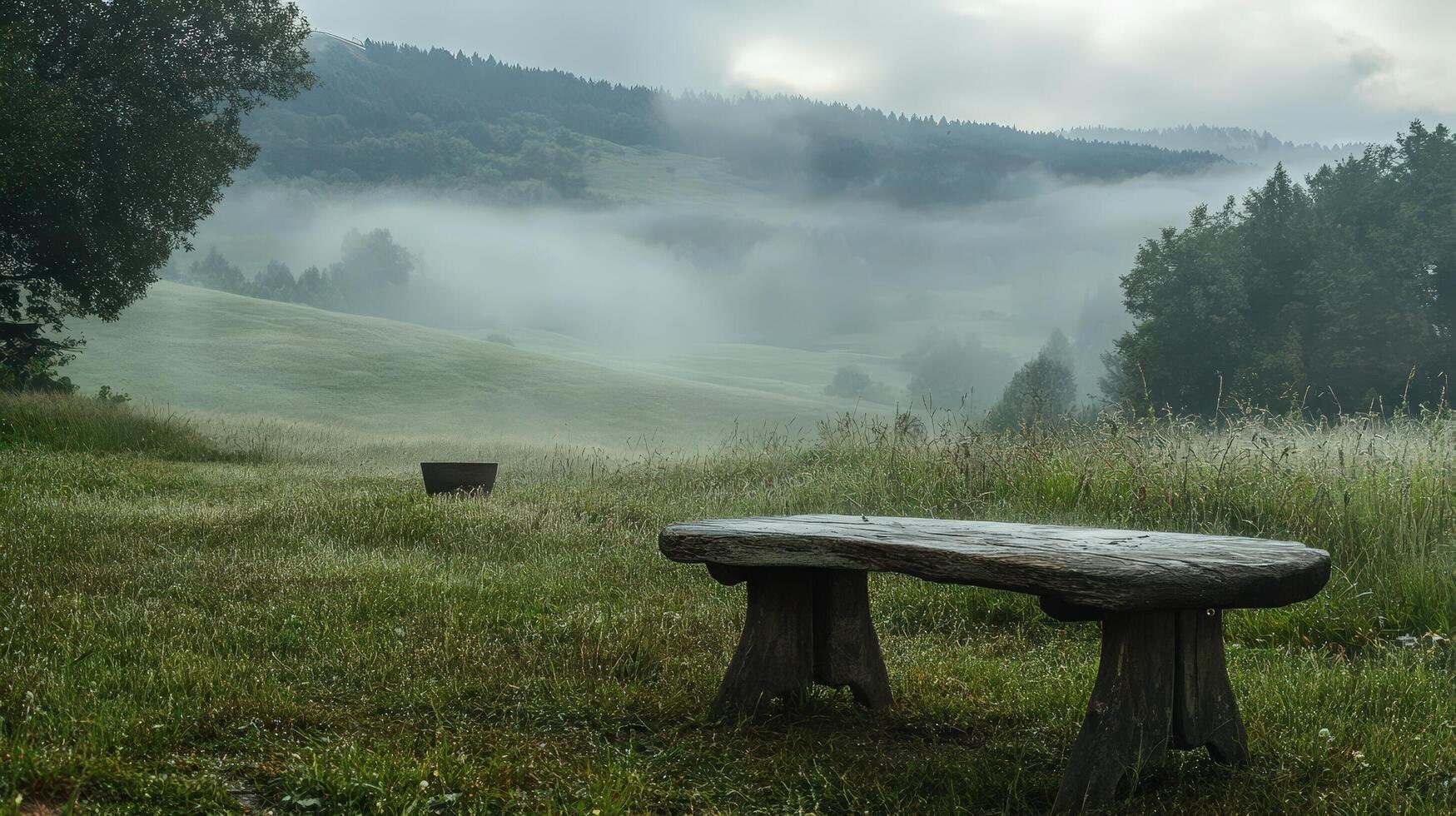 A bench in the middle of a field photo
