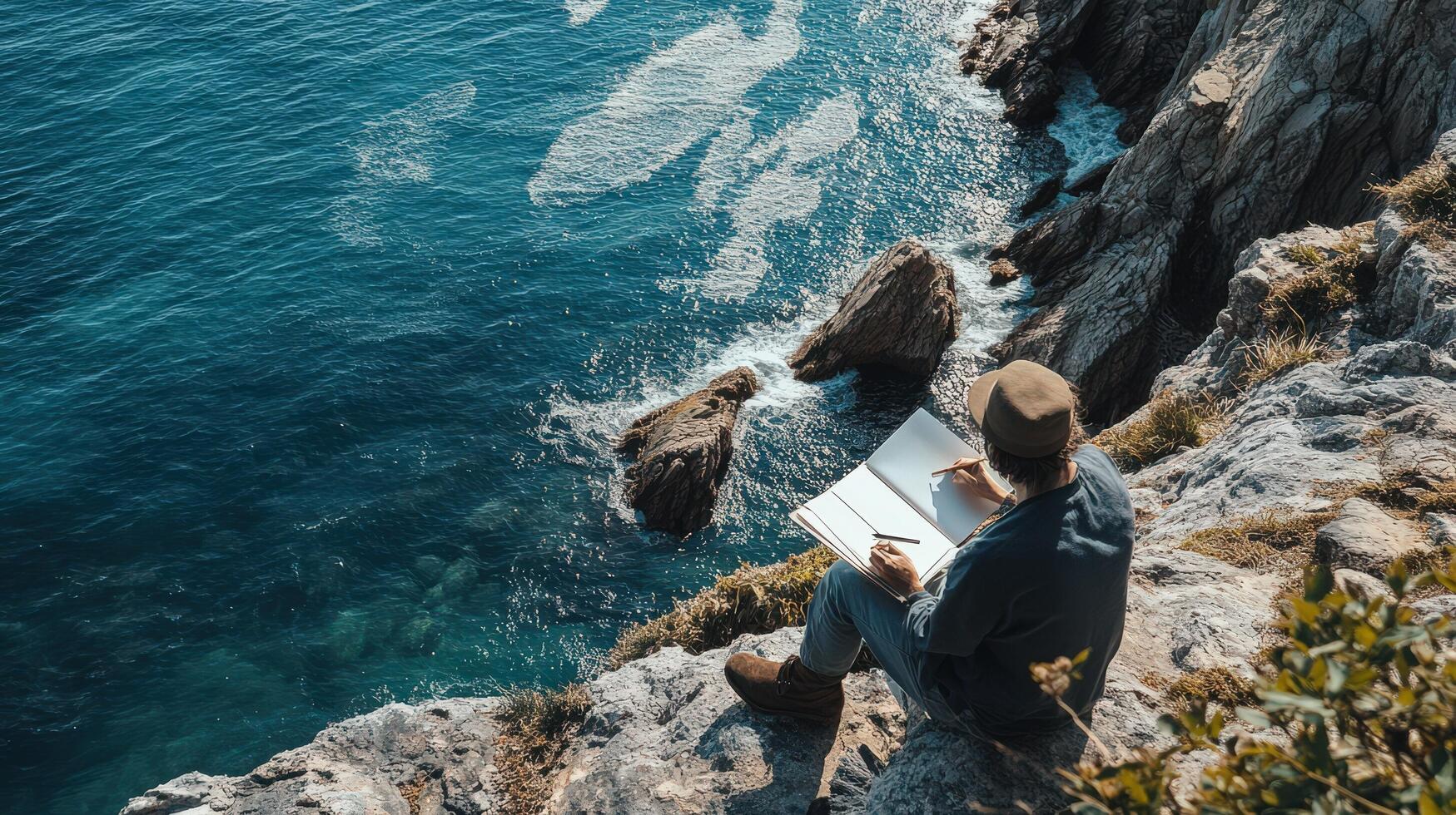A man sitting on a cliff overlooking the ocean photo