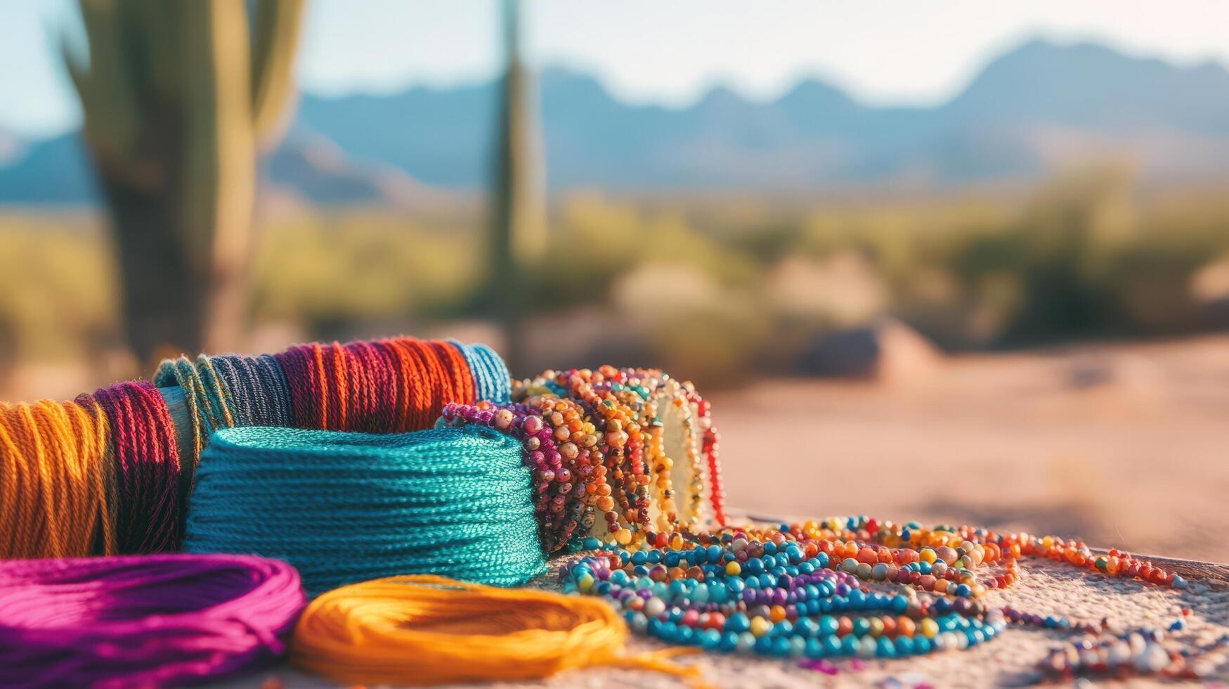 Colorful yarn and string on a desert rock photo