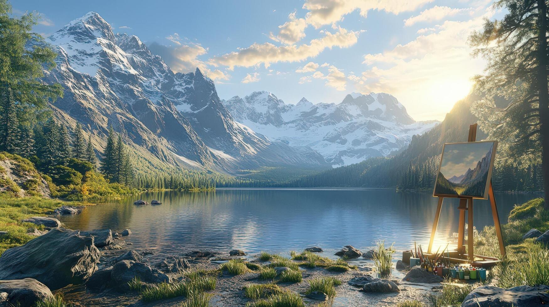 An artist's easel and a lake in the mountains photo