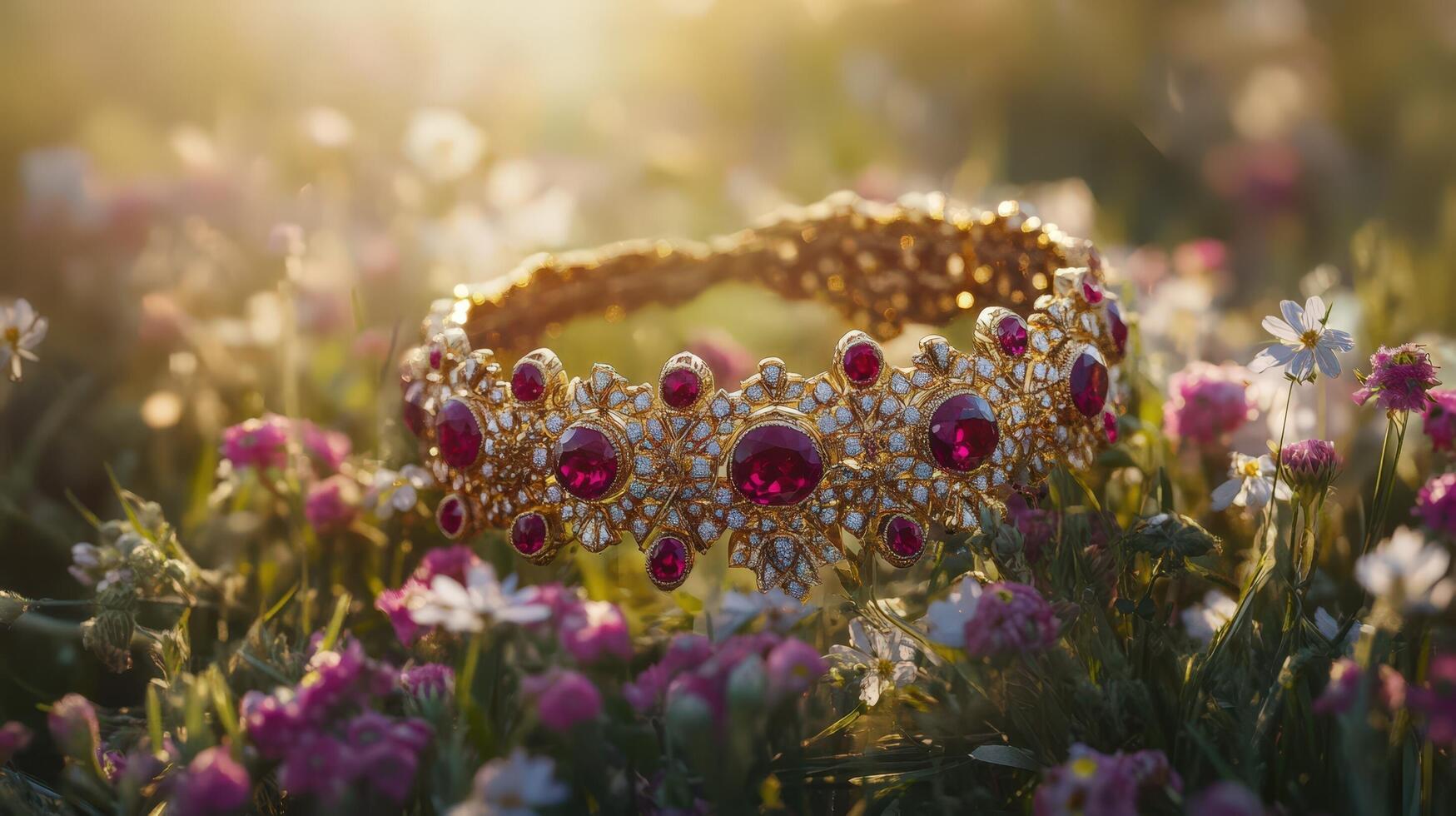 A gold bracelet with red stones sitting in a field of flowers photo