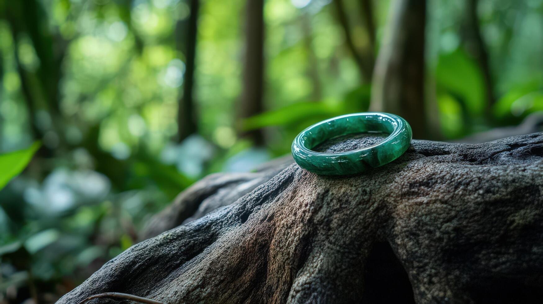 A green jade ring sitting on a tree stump photo