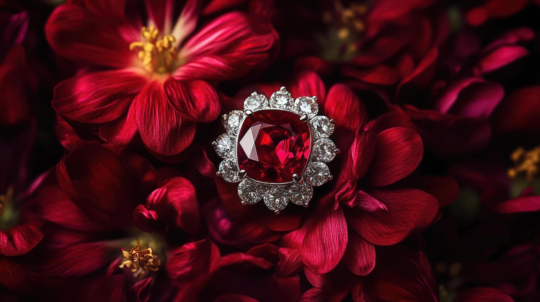 A red diamond ring surrounded by red flowers photo