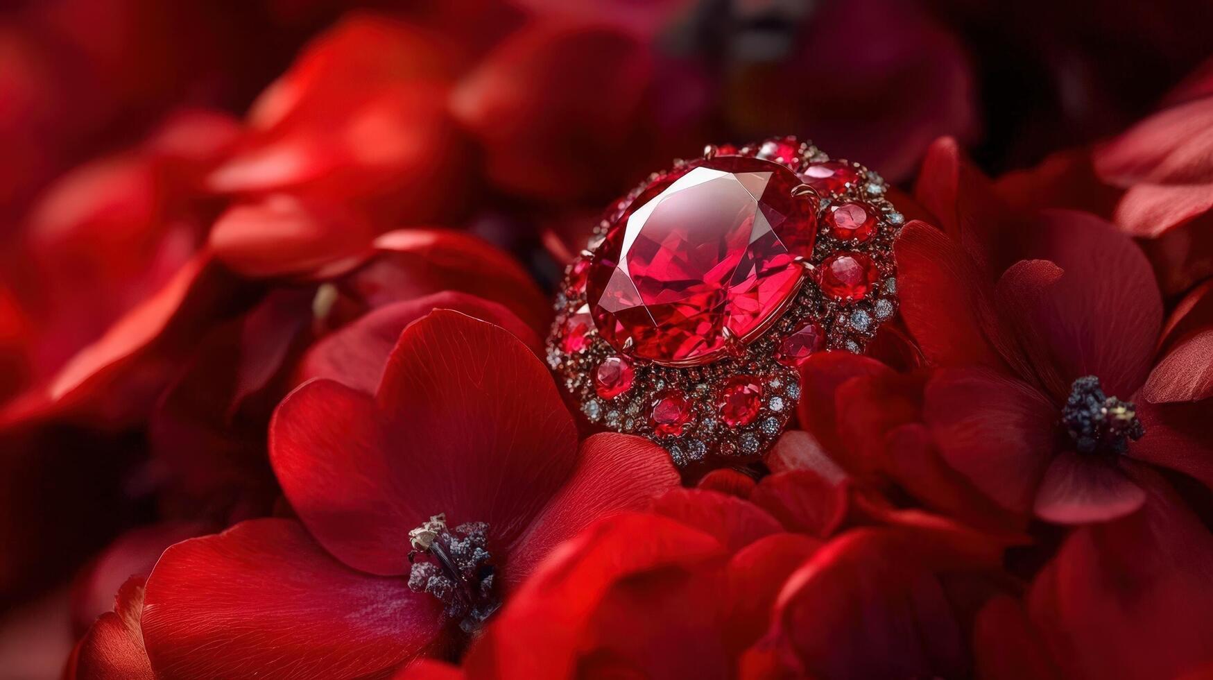 A red diamond is surrounded by red flowers photo