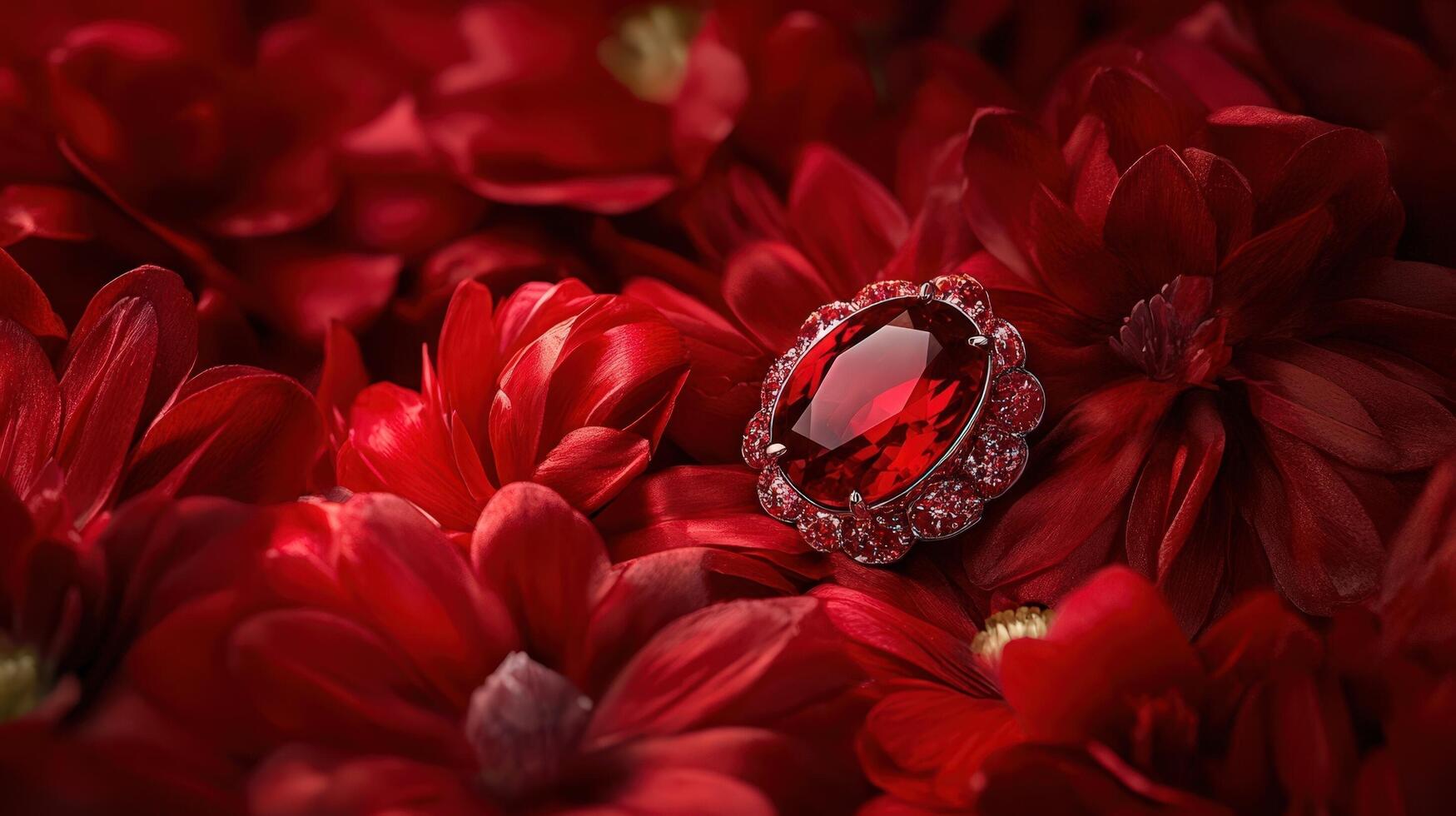 A red diamond is sitting on top of a bunch of red flowers photo